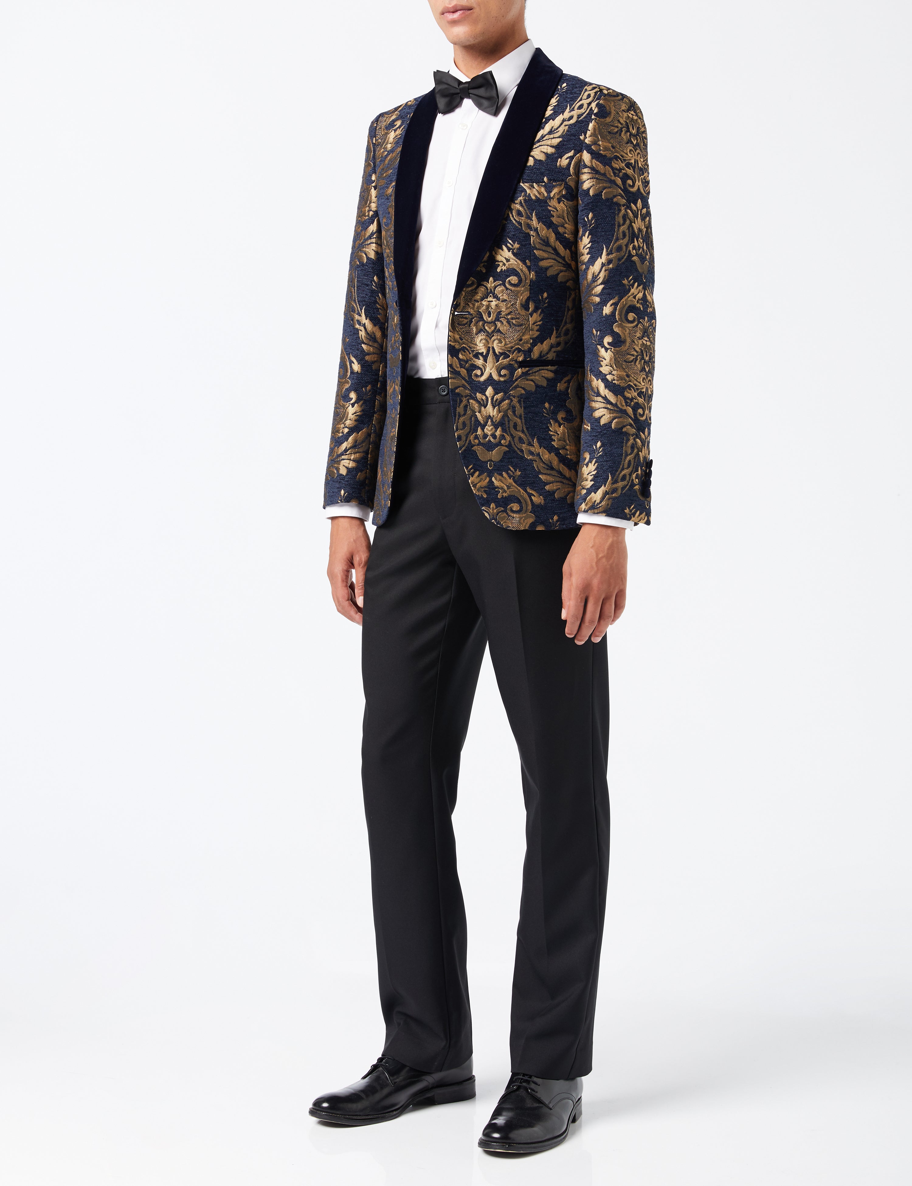 GLEN - GOLD BROCADE ON FLOCKED NAVY VELVET LAPEL JACQUARD BLAZER