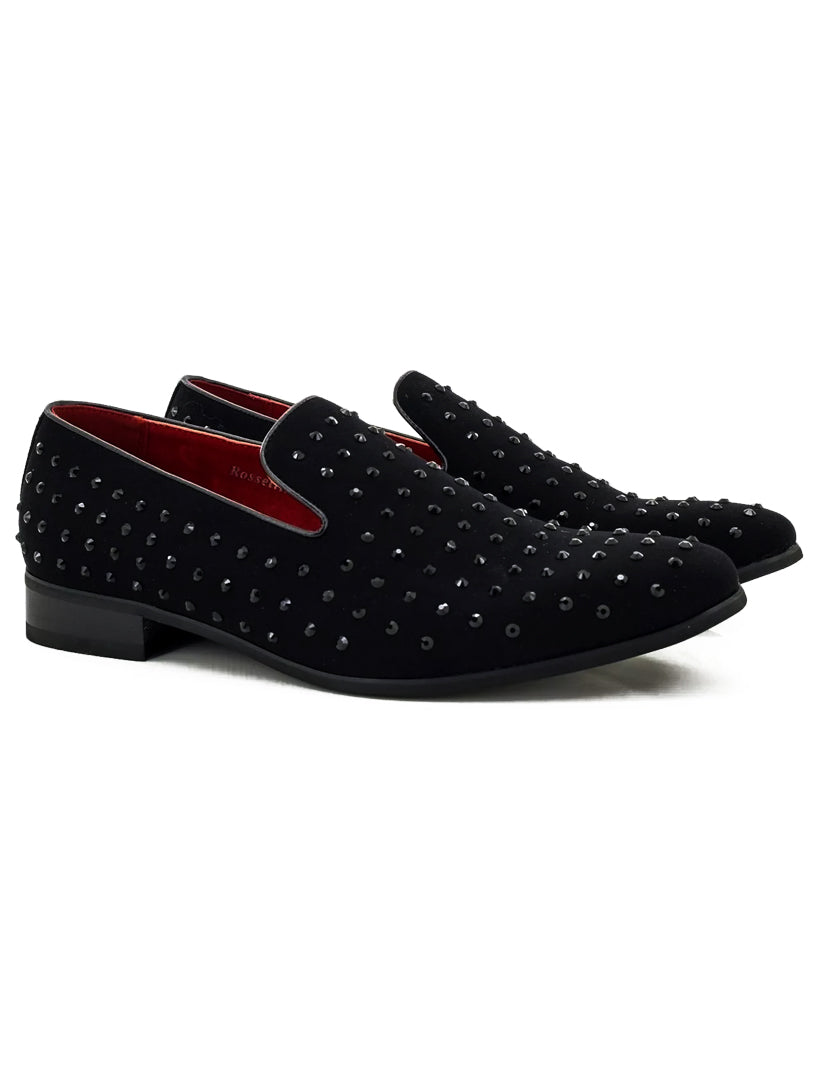 BLACK SUEDE LEATHER LINED GLITTER STUD LOAFERS