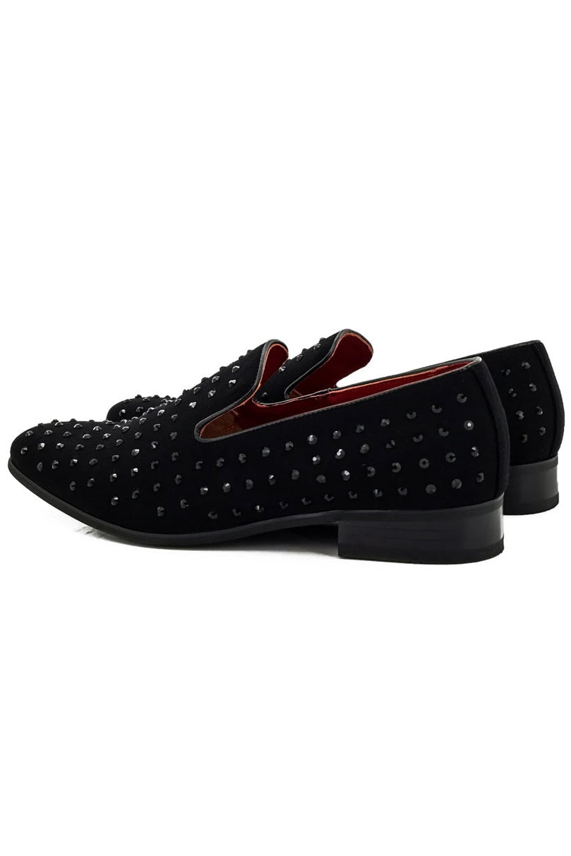 BLACK SUEDE LEATHER LINED GLITTER STUD LOAFERS