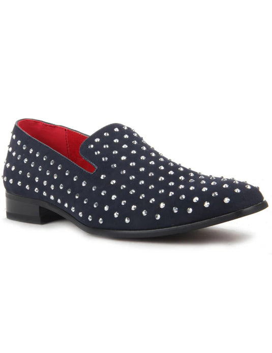 NAVY SUEDE LEATHER LINED GLITTER STUD LOAFERS