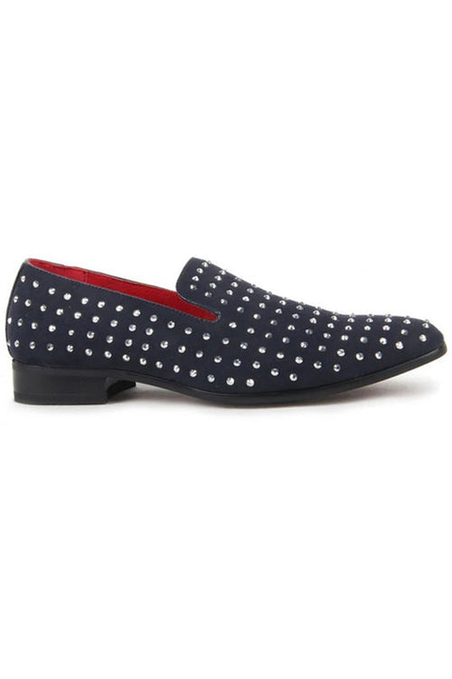 NAVY SUEDE LEATHER LINED GLITTER STUD LOAFERS