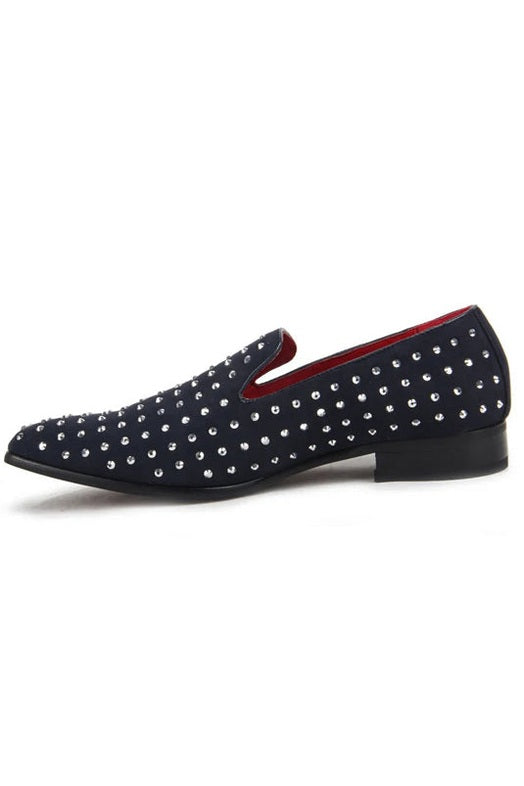 NAVY SUEDE LEATHER LINED GLITTER STUD LOAFERS