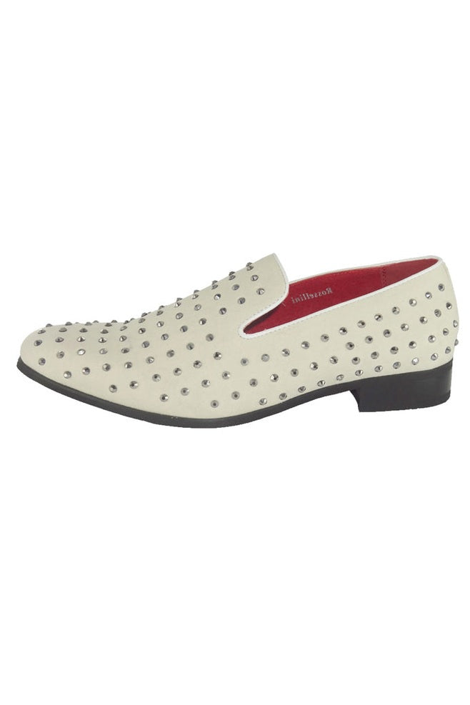 WHITE SUEDE LEATHER LINED GLITTER STUD LOAFERS
