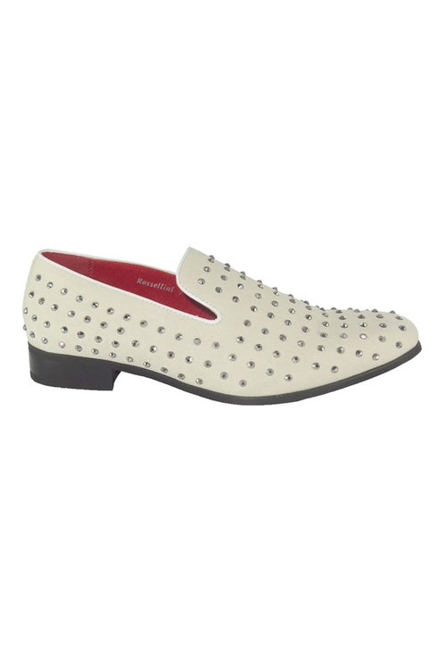 WHITE SUEDE LEATHER LINED GLITTER STUD LOAFERS