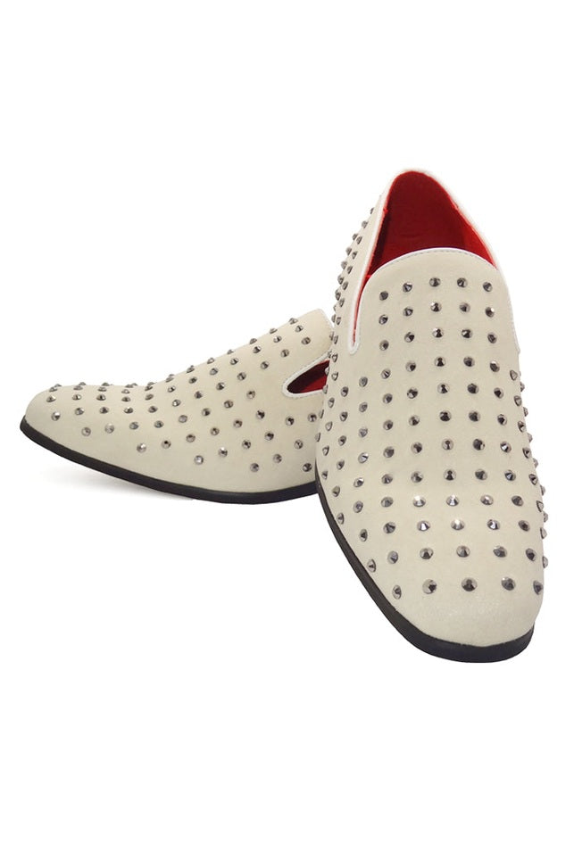 WHITE SUEDE LEATHER LINED GLITTER STUD LOAFERS