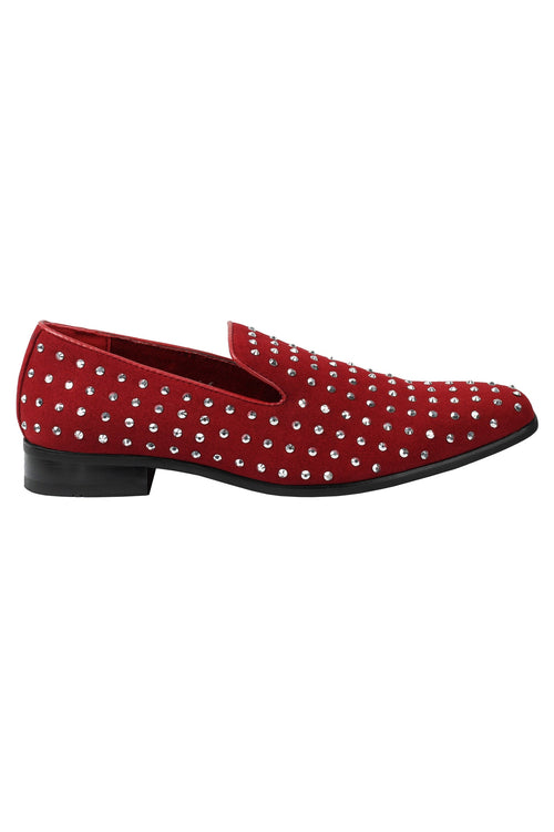 RED SUEDE LEATHER LINED GLITTER STUD LOAFERS