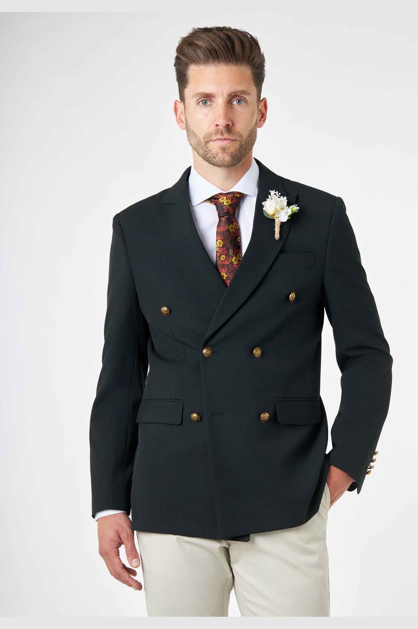 FINLEY – Olive Green Prince of Wales Check Double Breasted Jacket