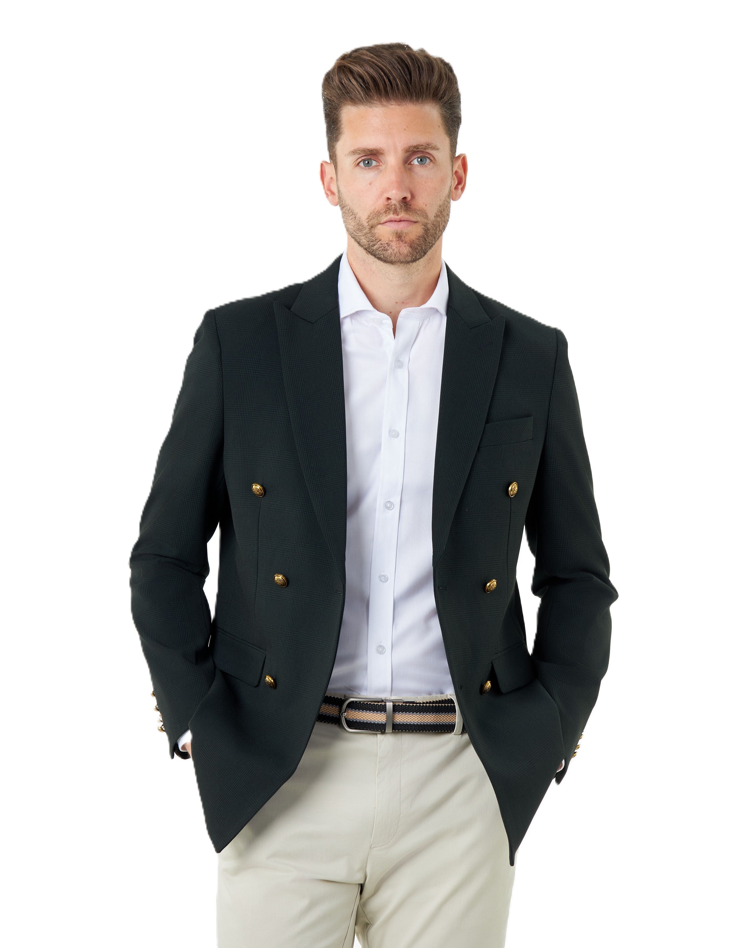 FINLEY – Olive Green Prince of Wales Check Double Breasted Jacket