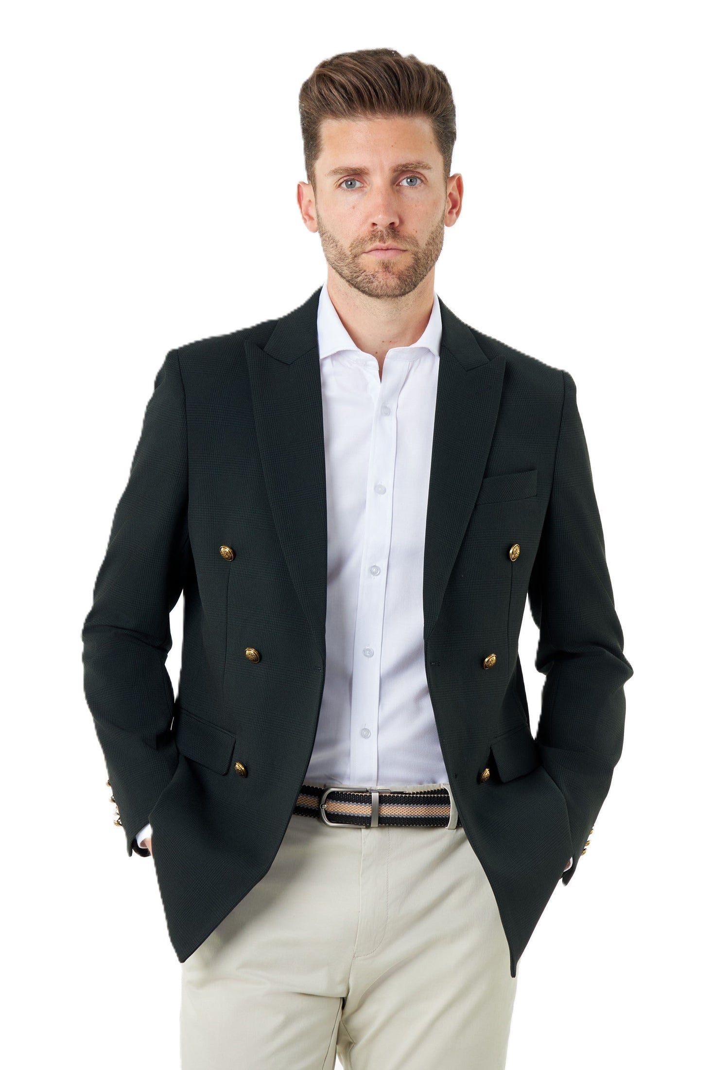 FINLEY – Olive Green Prince of Wales Check Double Breasted Jacket