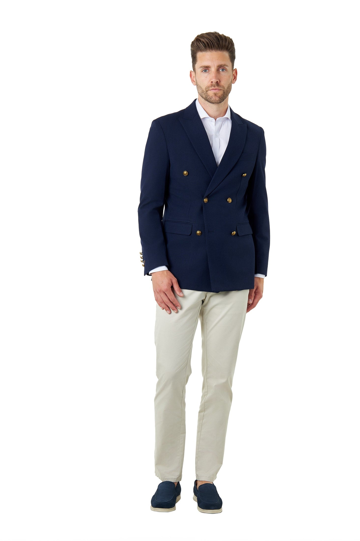FINLEY – Navy Prince of Wales Check Double Breasted Jacket