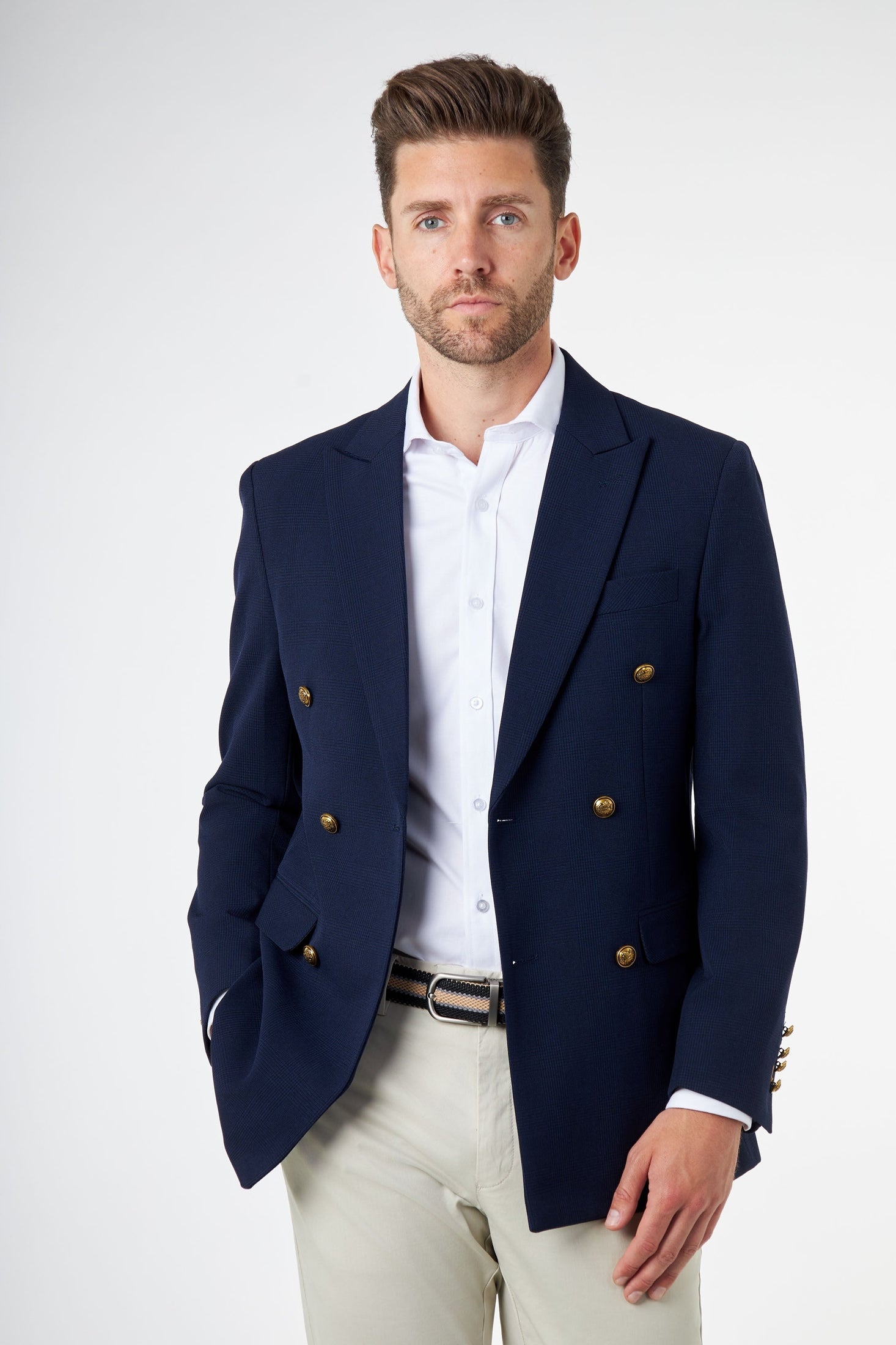 FINLEY – Navy Prince of Wales Check Double Breasted Jacket