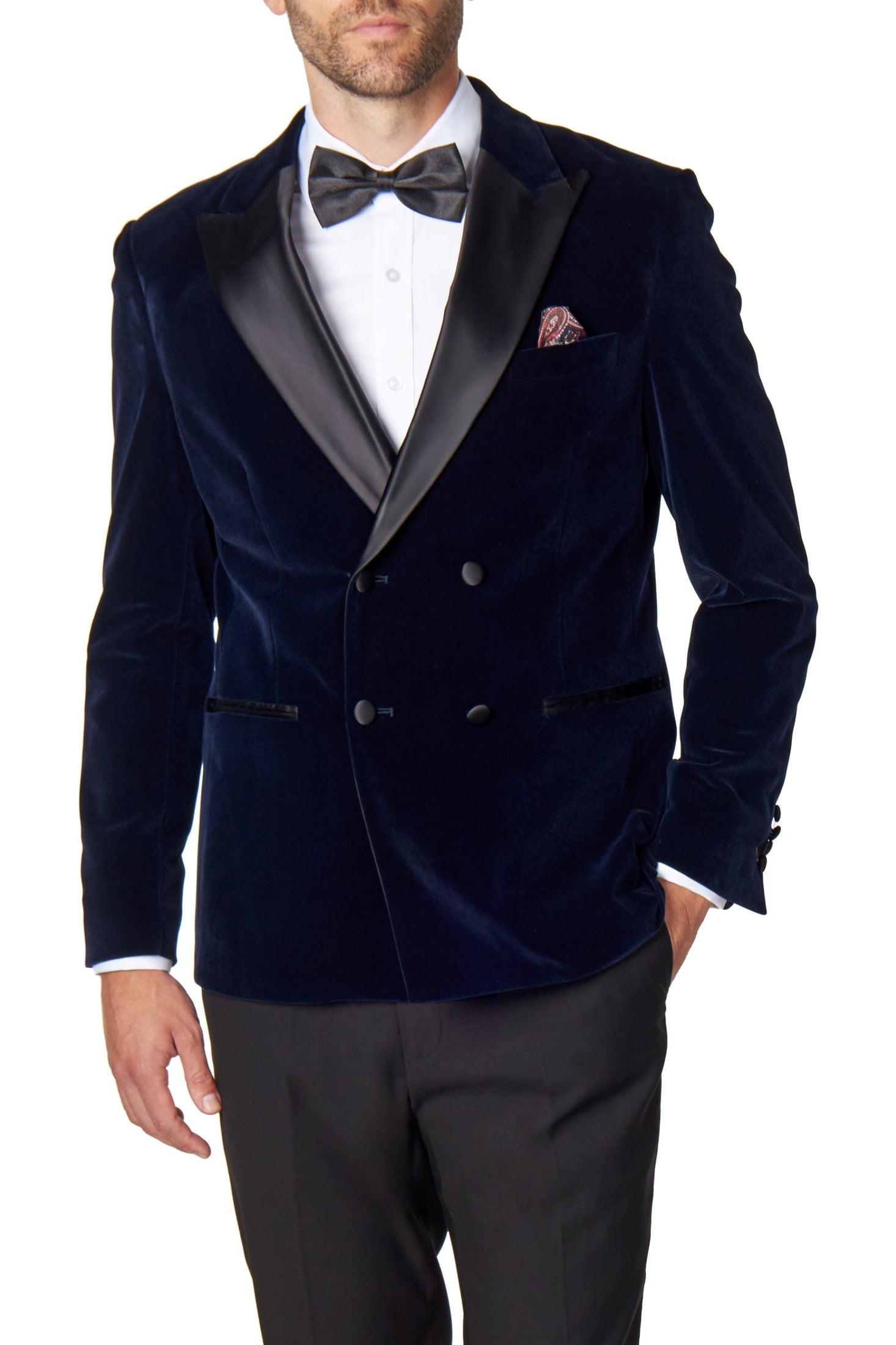 SMITH-NAVY TUXEDO DOUBLE BREASTED VELVET BLAZER