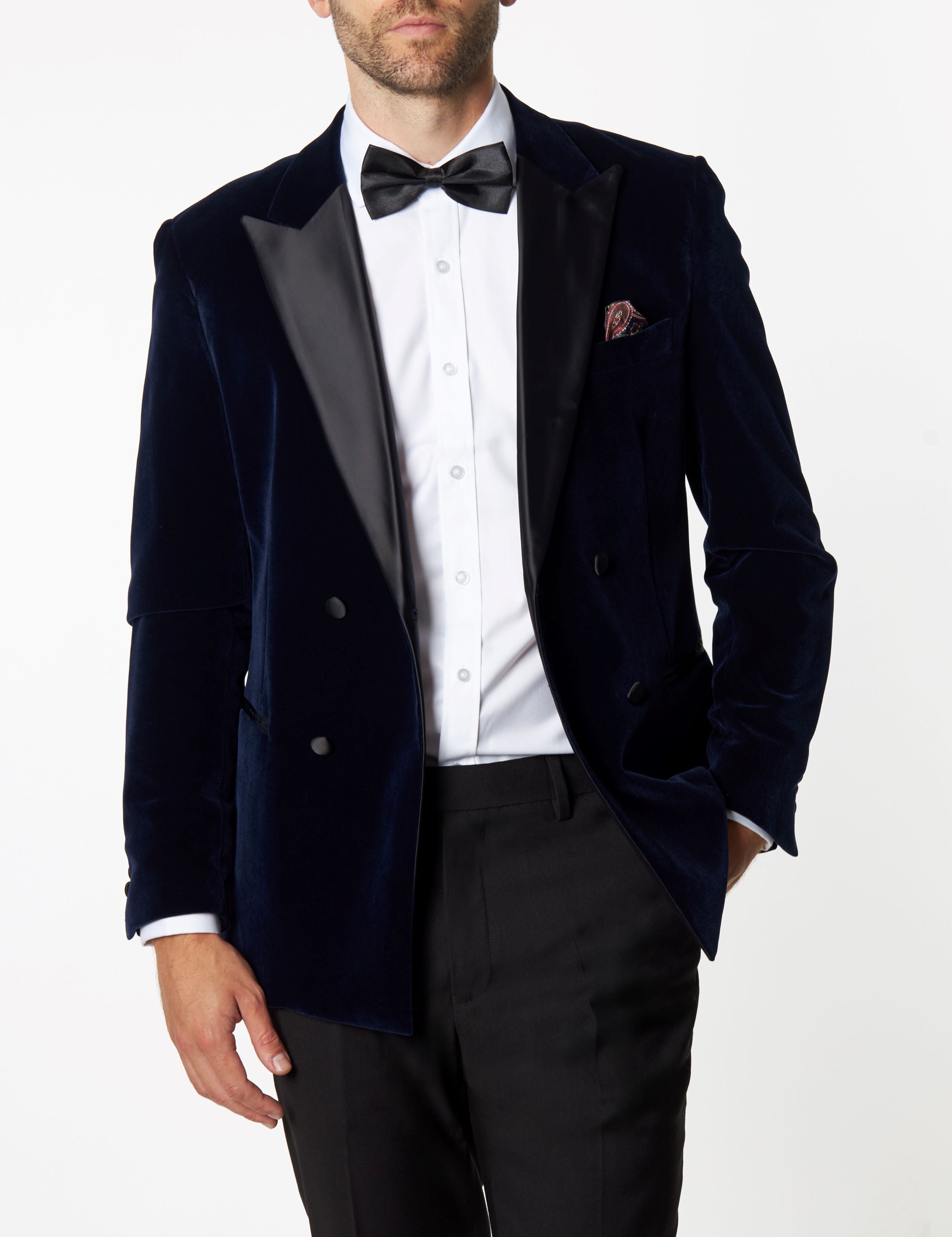 SMITH-NAVY TUXEDO DOUBLE BREASTED VELVET BLAZER