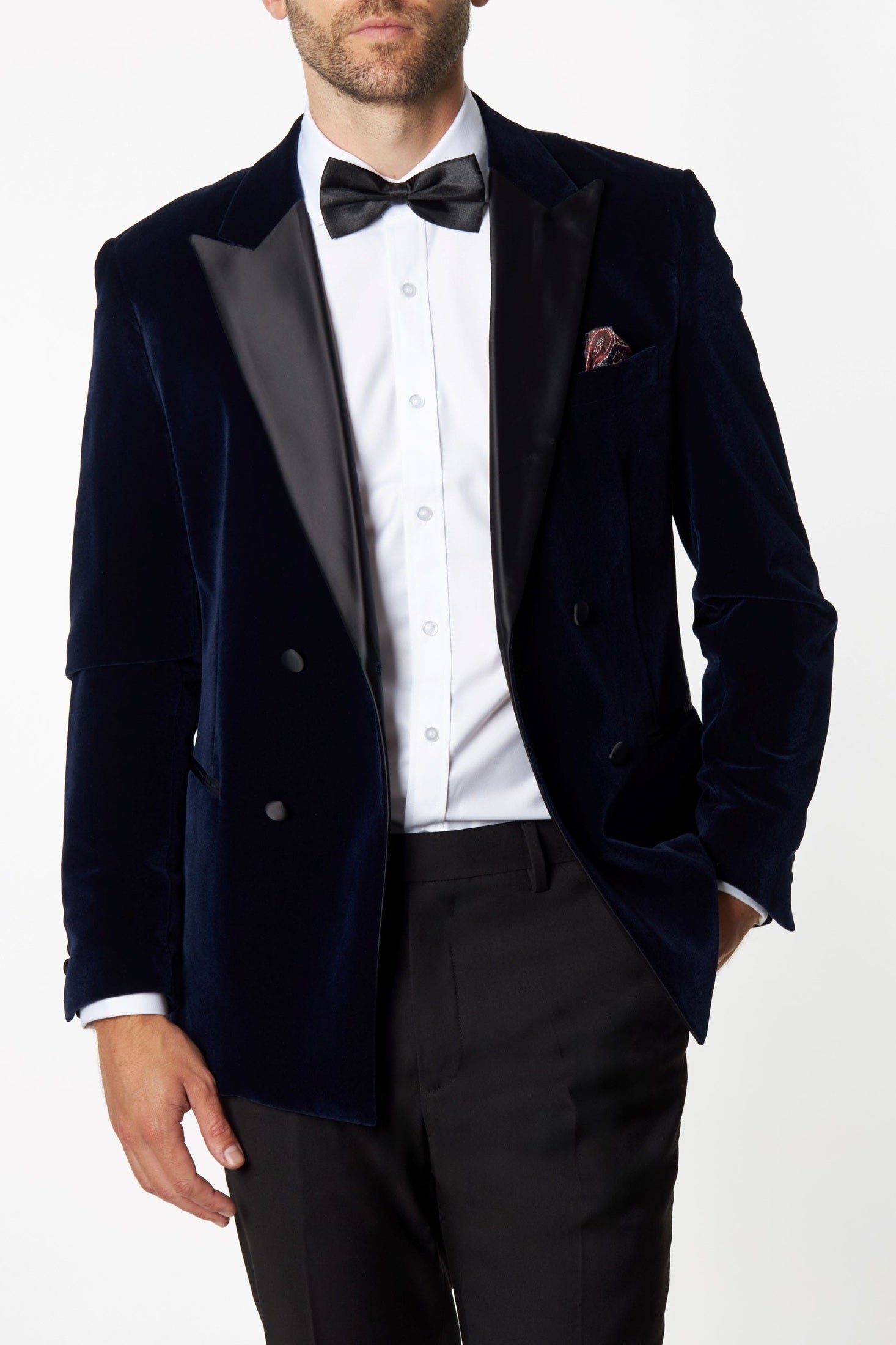 SMITH-NAVY TUXEDO DOUBLE BREASTED VELVET BLAZER