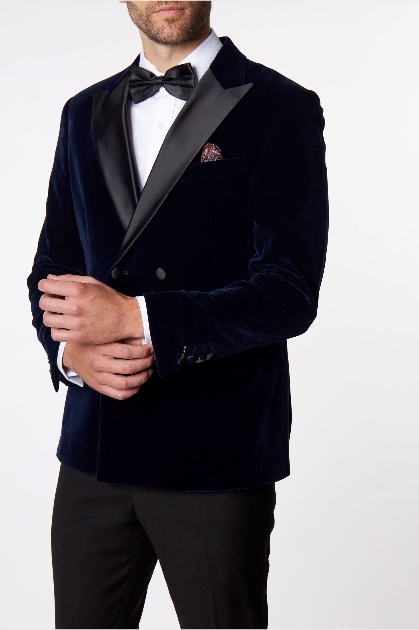 SMITH-NAVY TUXEDO DOUBLE BREASTED VELVET BLAZER