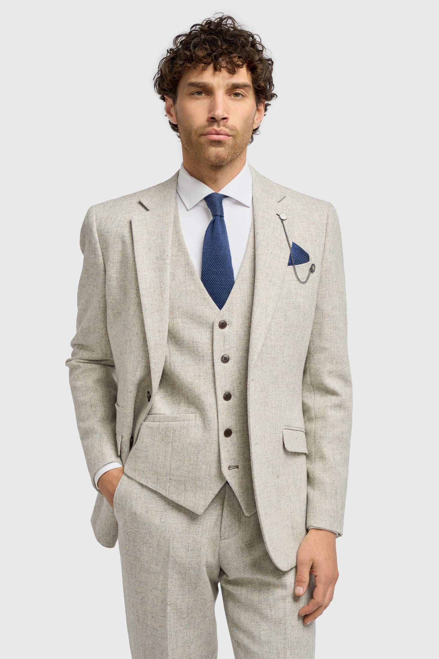 CAVANI – Thomas Tailored Suit Wool Pearl Grey Herringbone