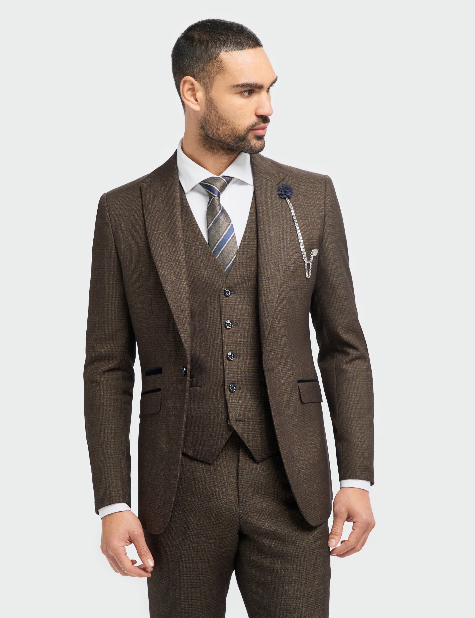 CARIDI – TAILORED FIT 3 PIECE SUIT IN BROWN CHECK