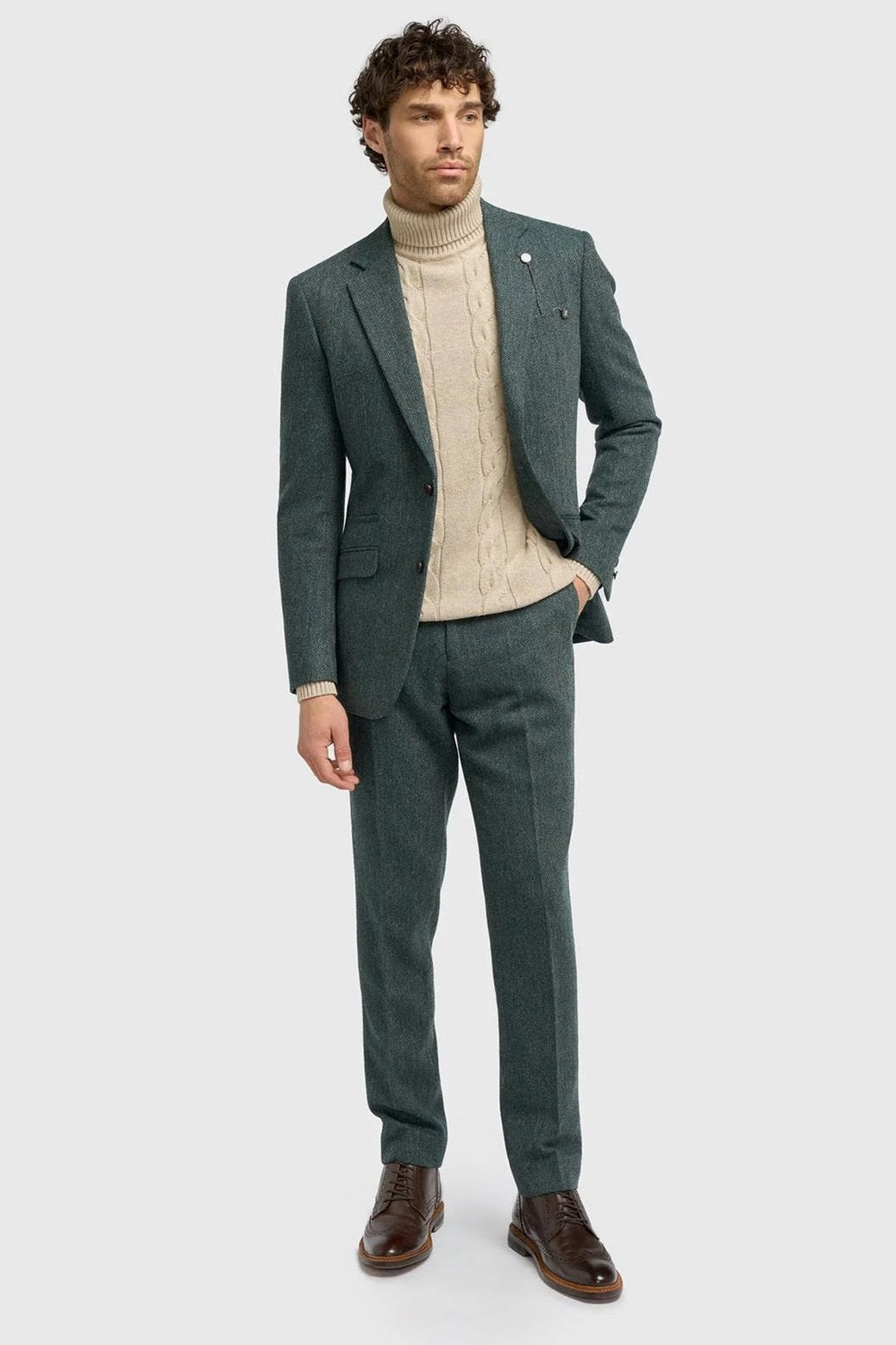CAVANI – Thomas Olive Green Wool Blend Herringbone Jacket