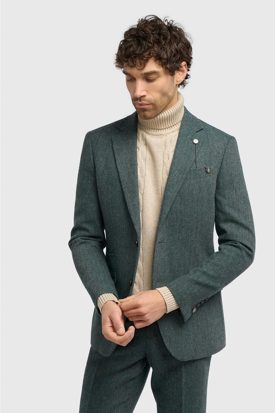 CAVANI – Thomas Olive Green Wool Blend Herringbone Jacket