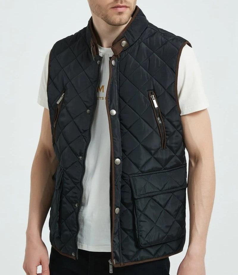 Classic Quilt Gilet with Trims in Black