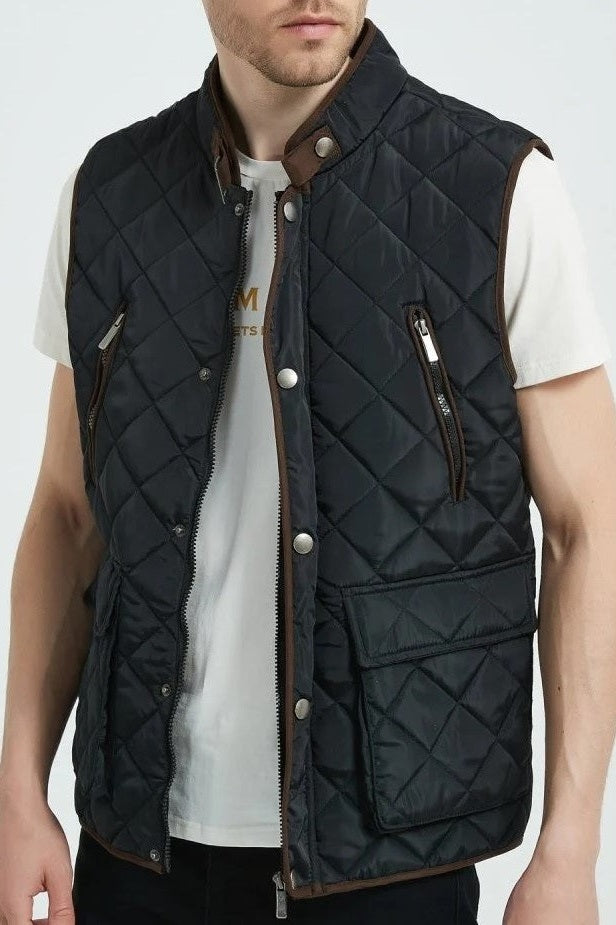 Classic Quilt Gilet with Trims in Black