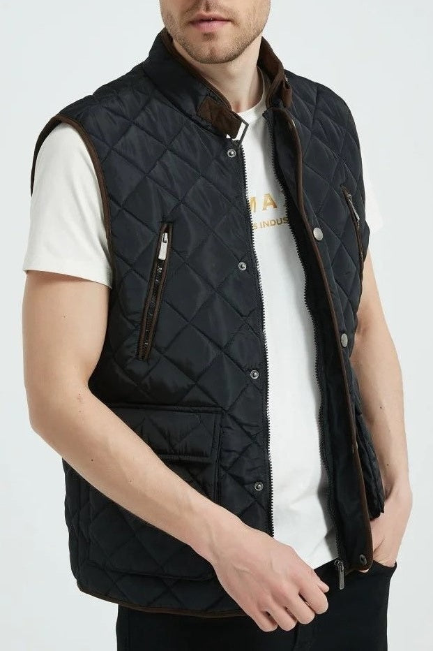 Classic Quilt Gilet with Trims in Black