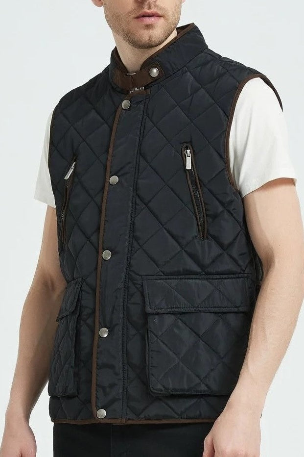 Classic Quilt Gilet with Trims in Black