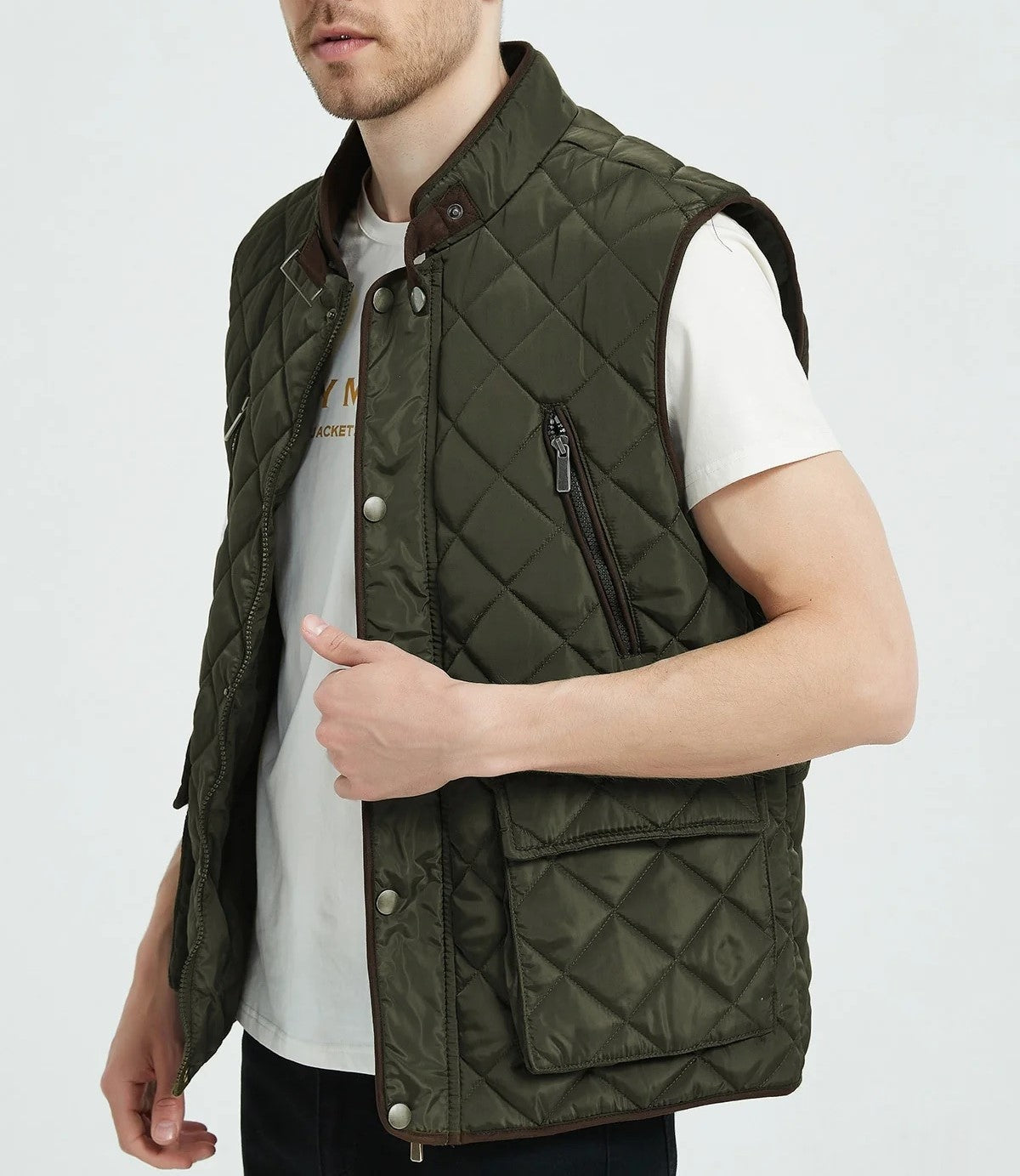 Classic Quilt Gilet with Trims in Khaki