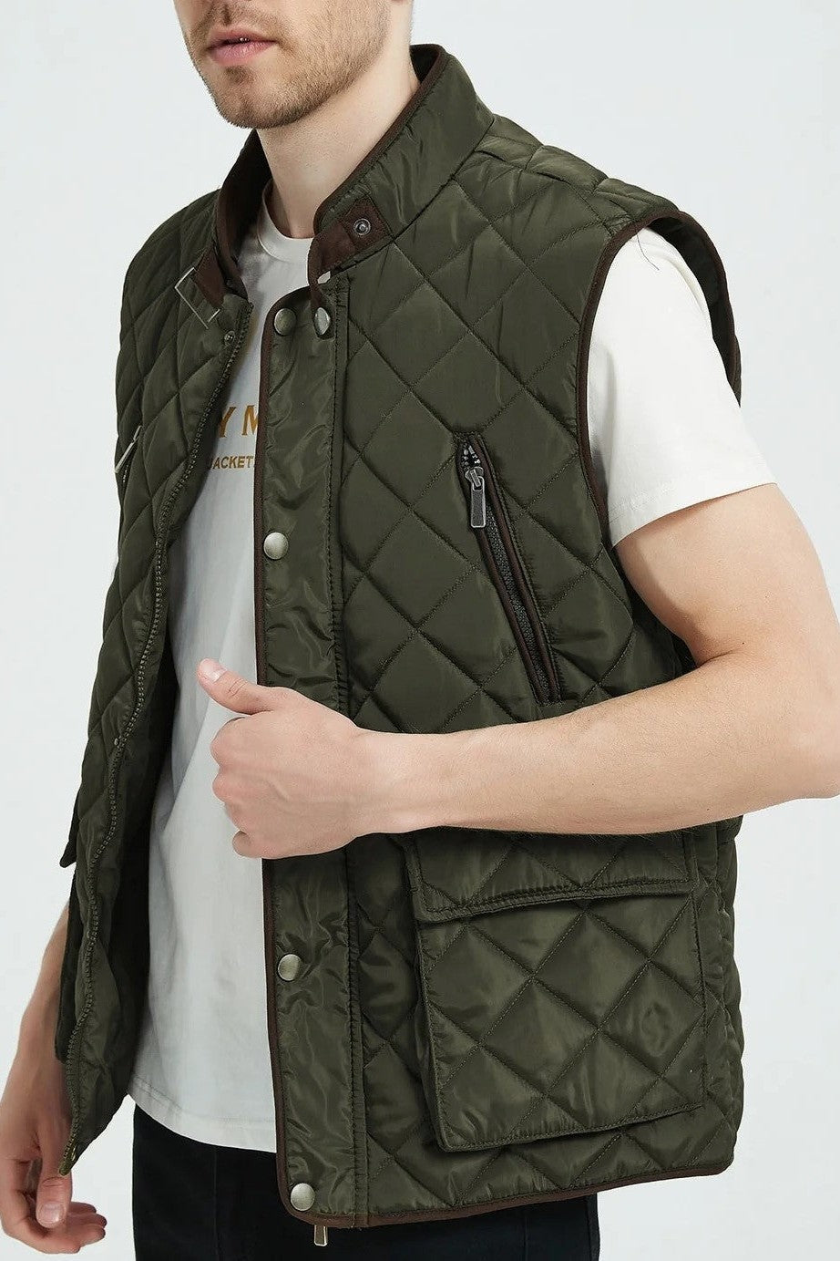 Classic Quilt Gilet with Trims in Khaki