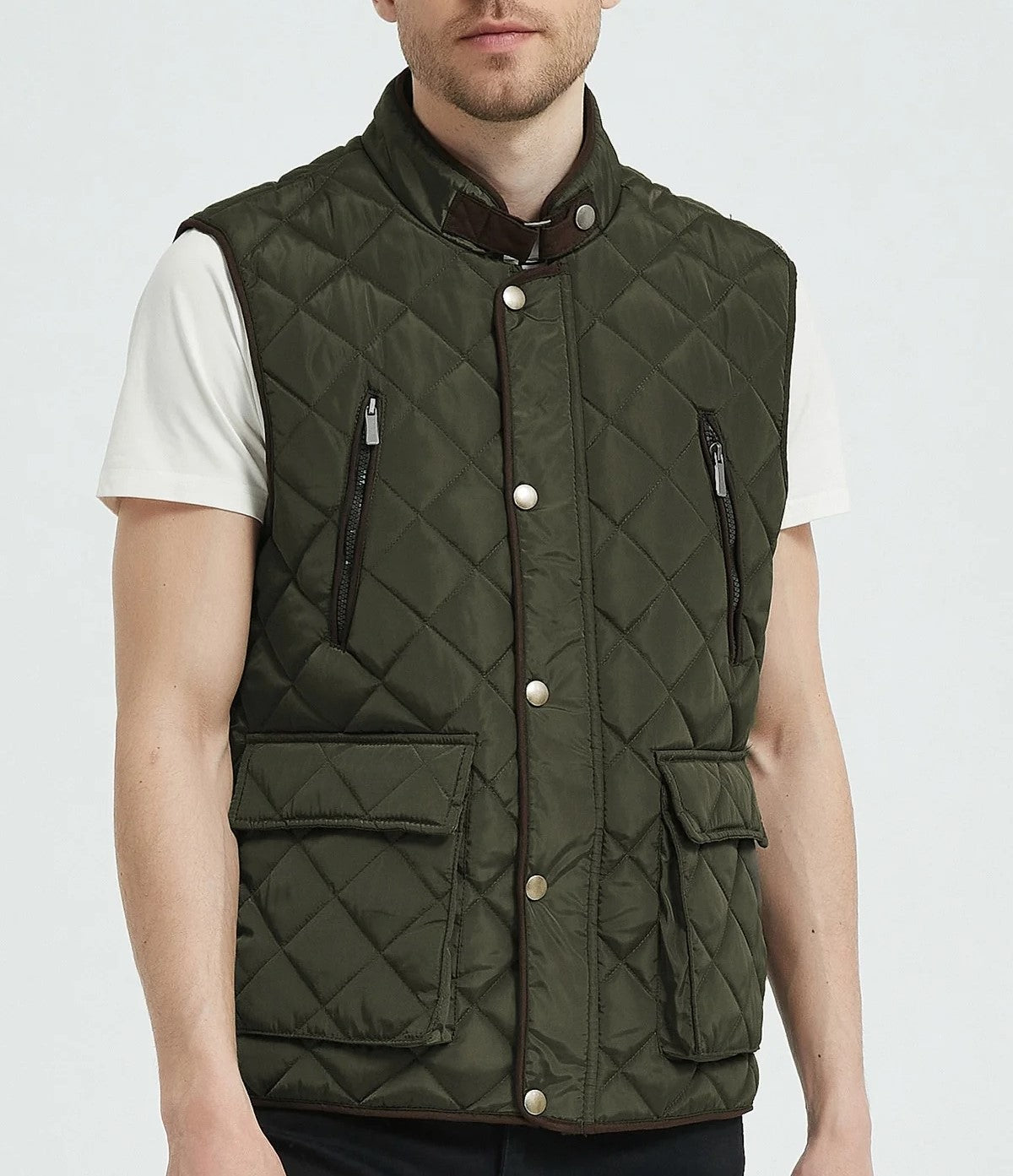 Classic Quilt Gilet with Trims in Khaki