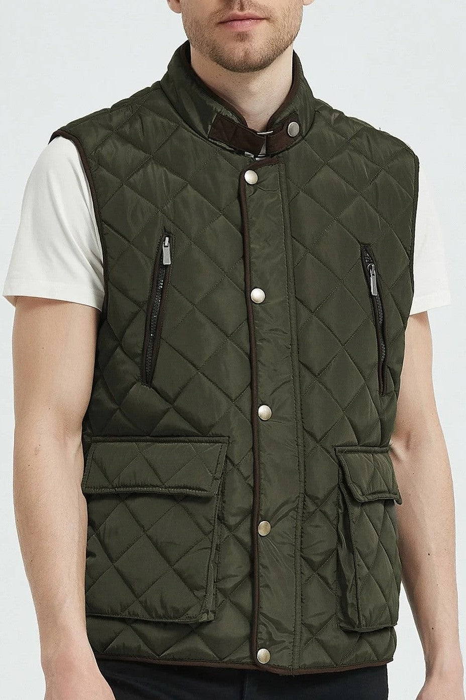 Classic Quilt Gilet with Trims in Khaki