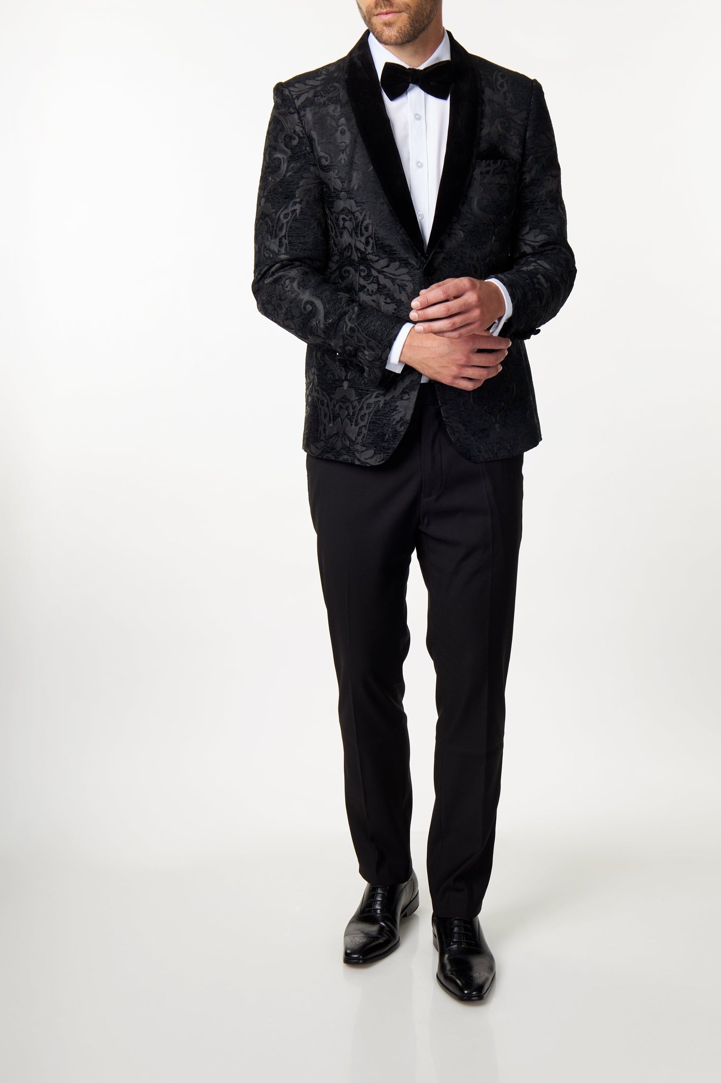 GLEN - Black Floral Foliage Velvet Jacquard Dinner Jacket