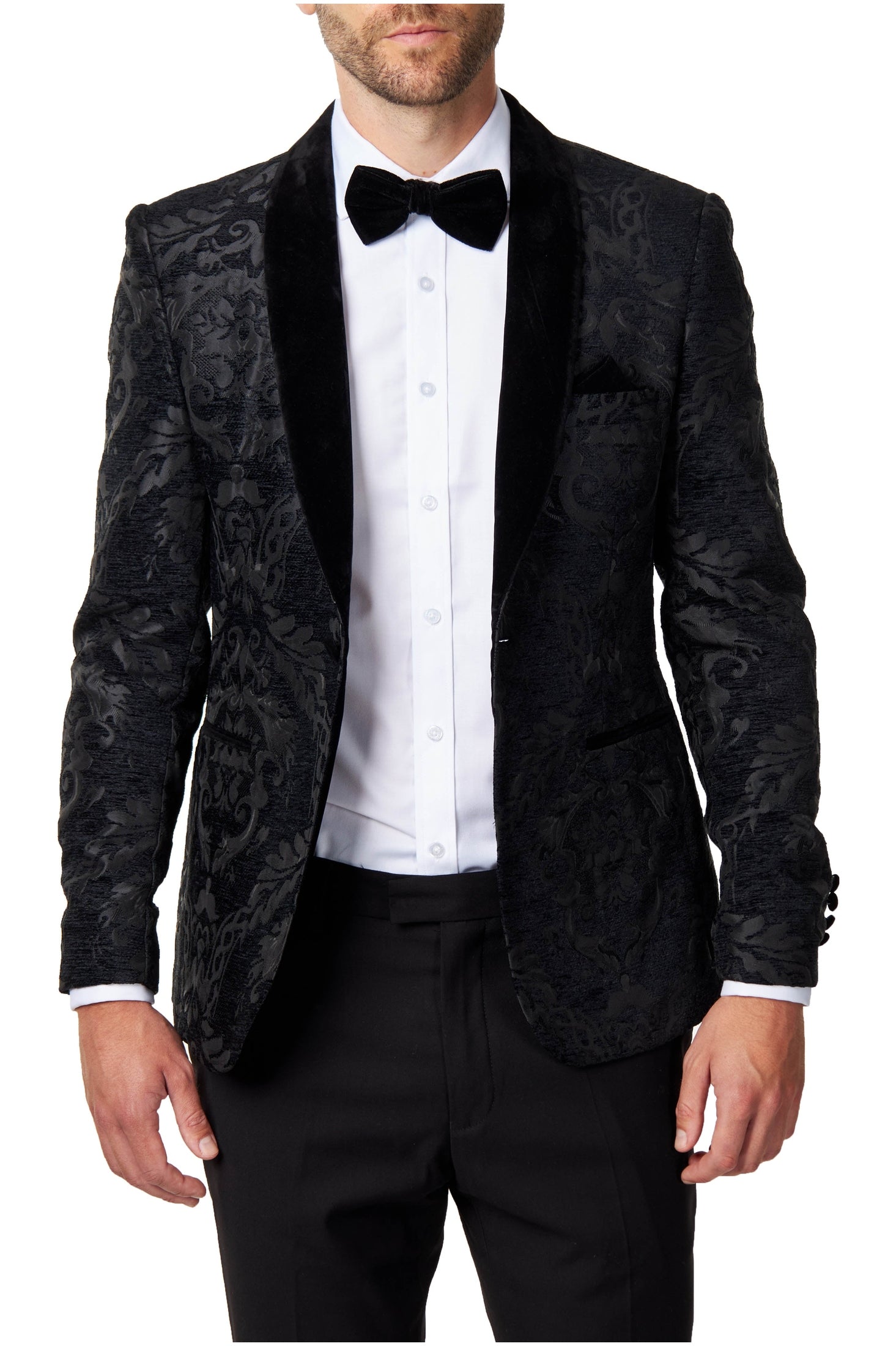 GLEN - Black Floral Foliage Velvet Jacquard Dinner Jacket