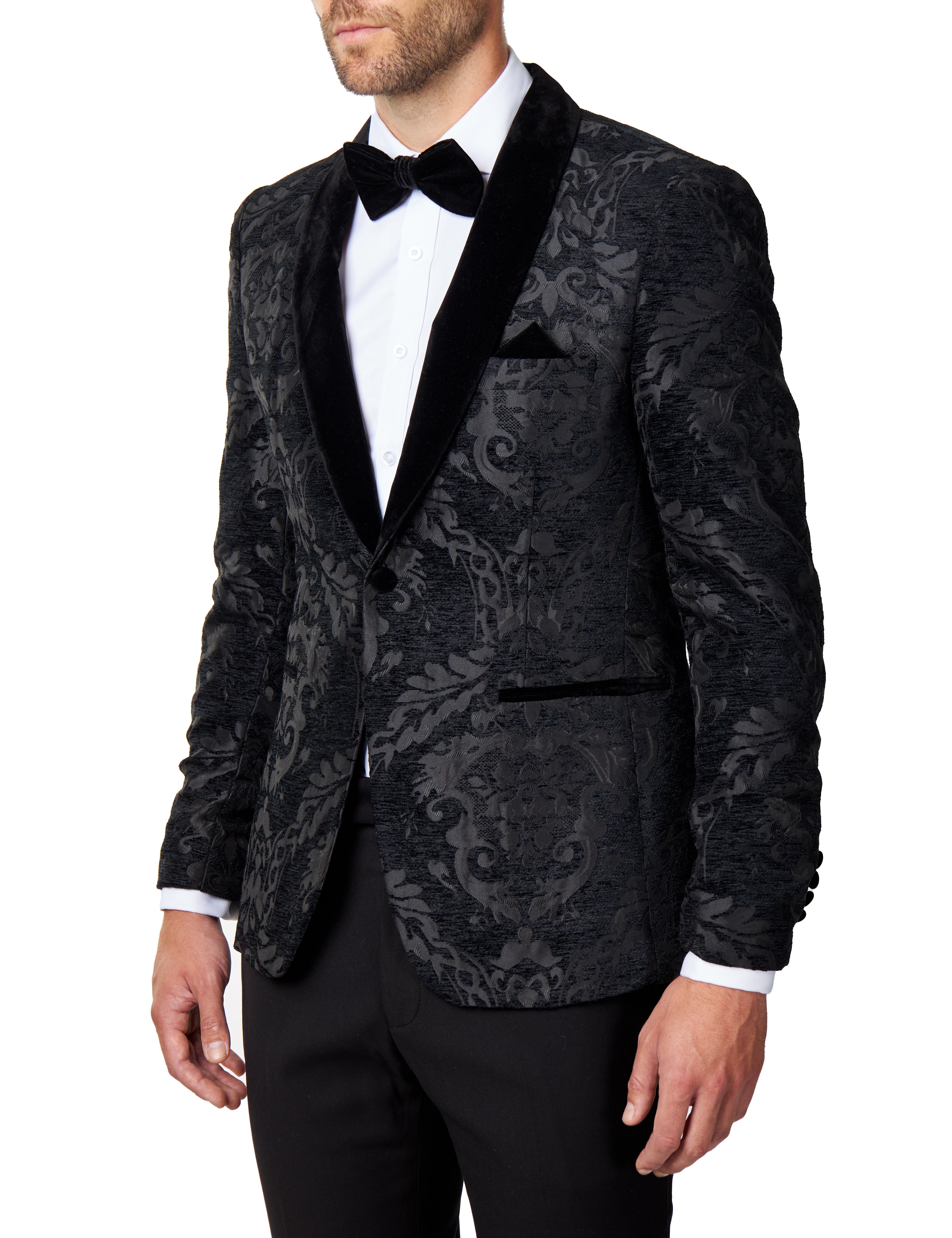 GLEN - Black Floral Foliage Velvet Jacquard Dinner Jacket