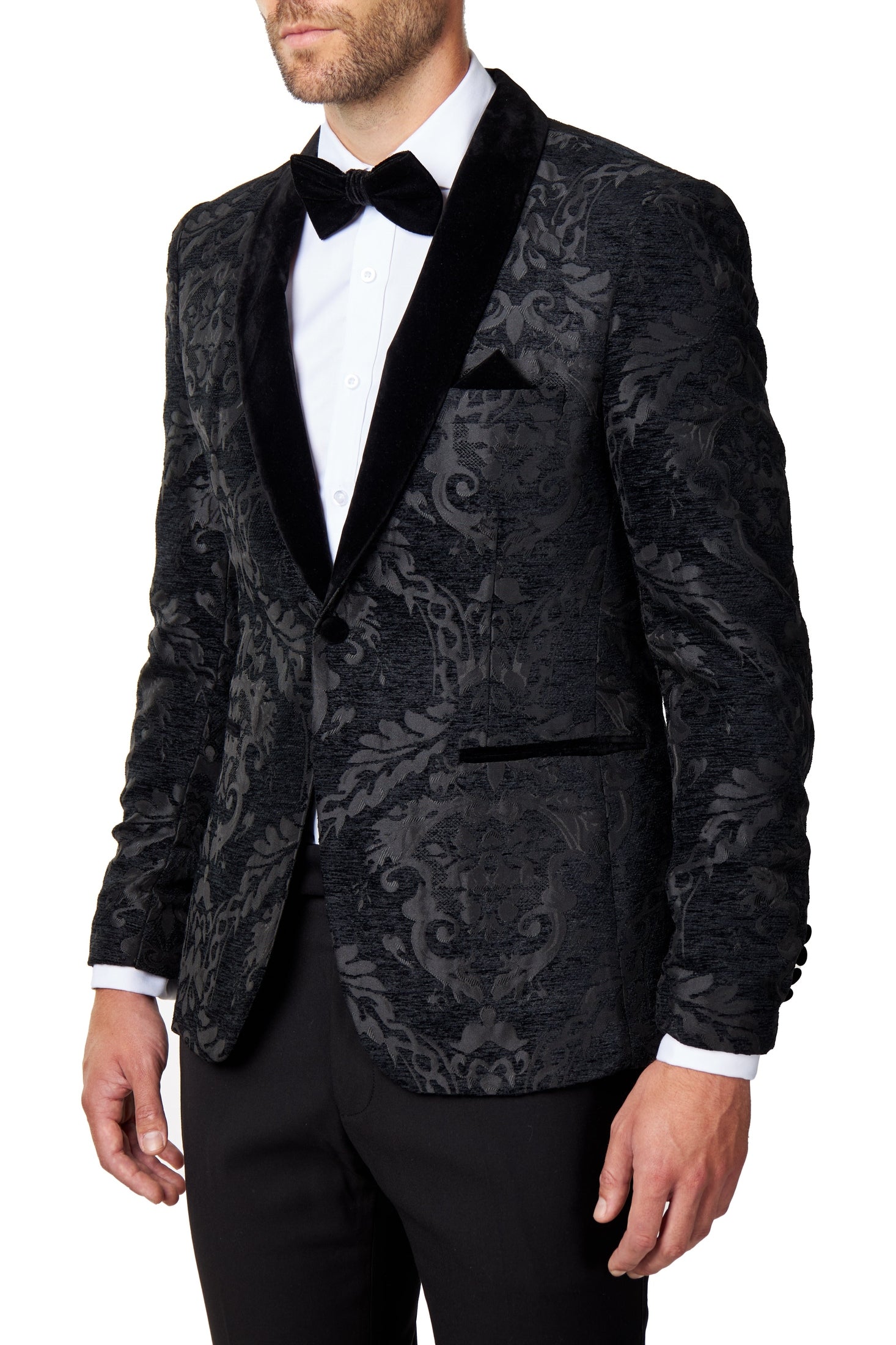 GLEN - Black Floral Foliage Velvet Jacquard Dinner Jacket