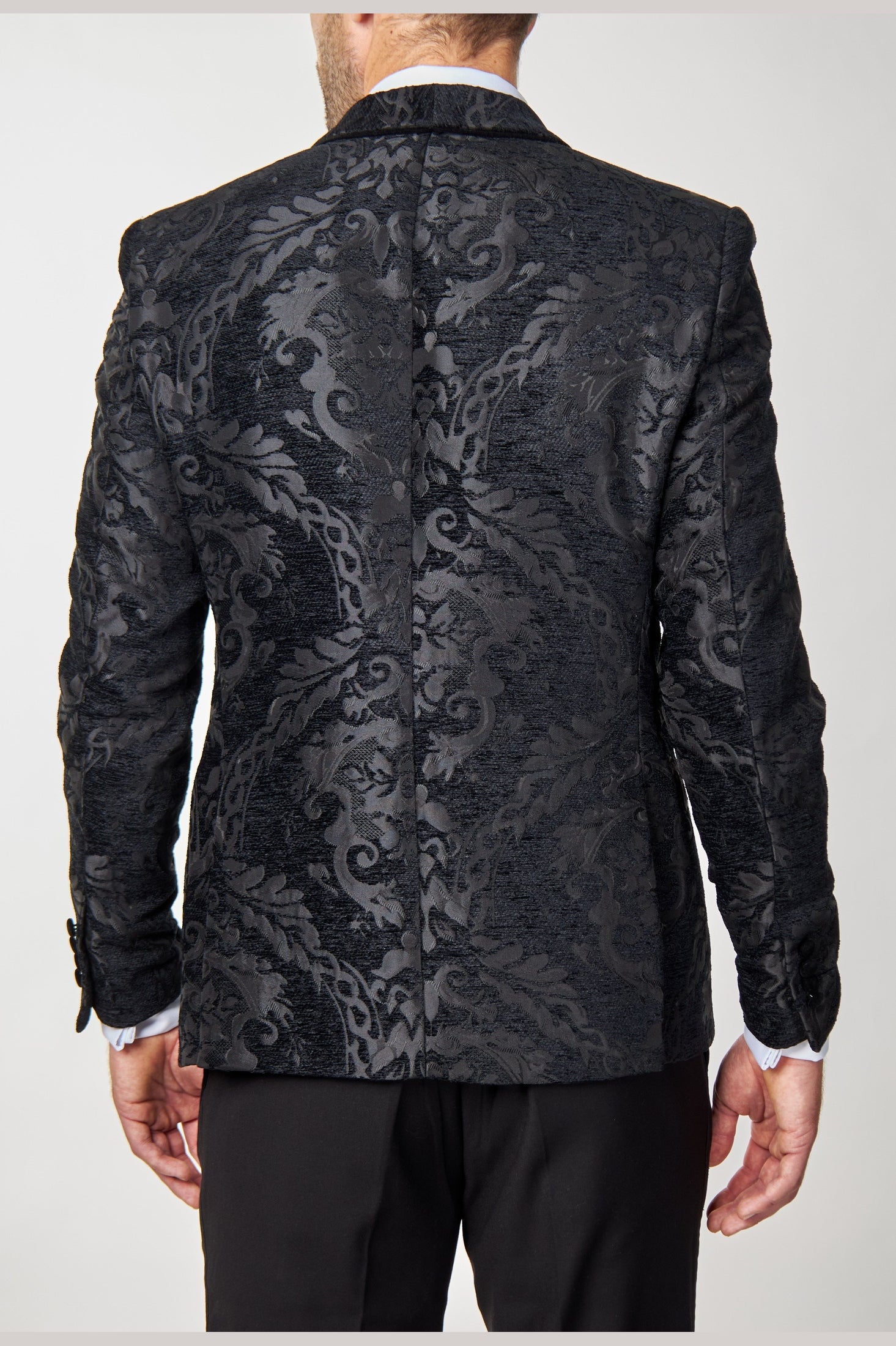 GLEN - Black Floral Foliage Jacquard Tuxedo Jacket