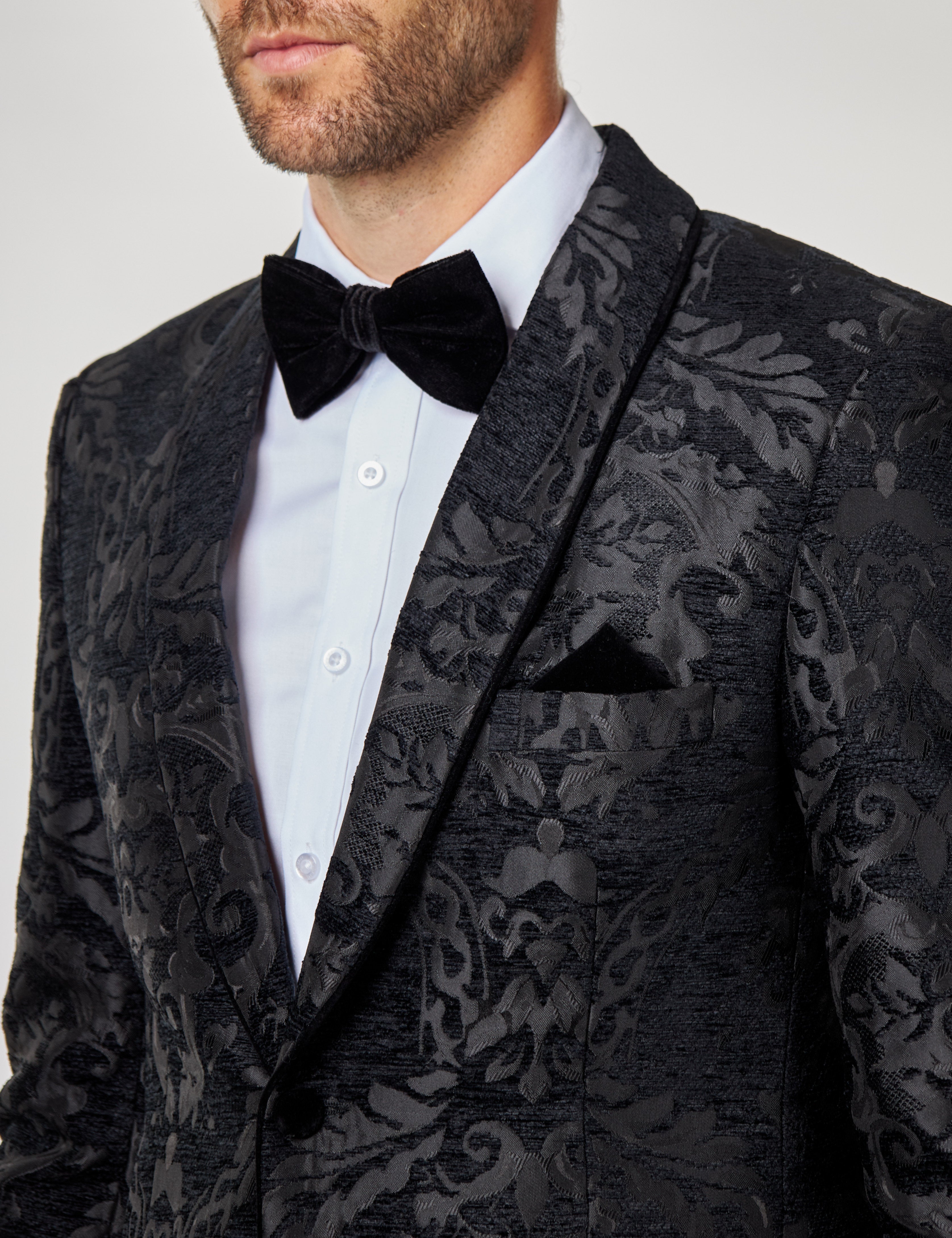 GLEN - Black Floral Foliage Jacquard Tuxedo Jacket