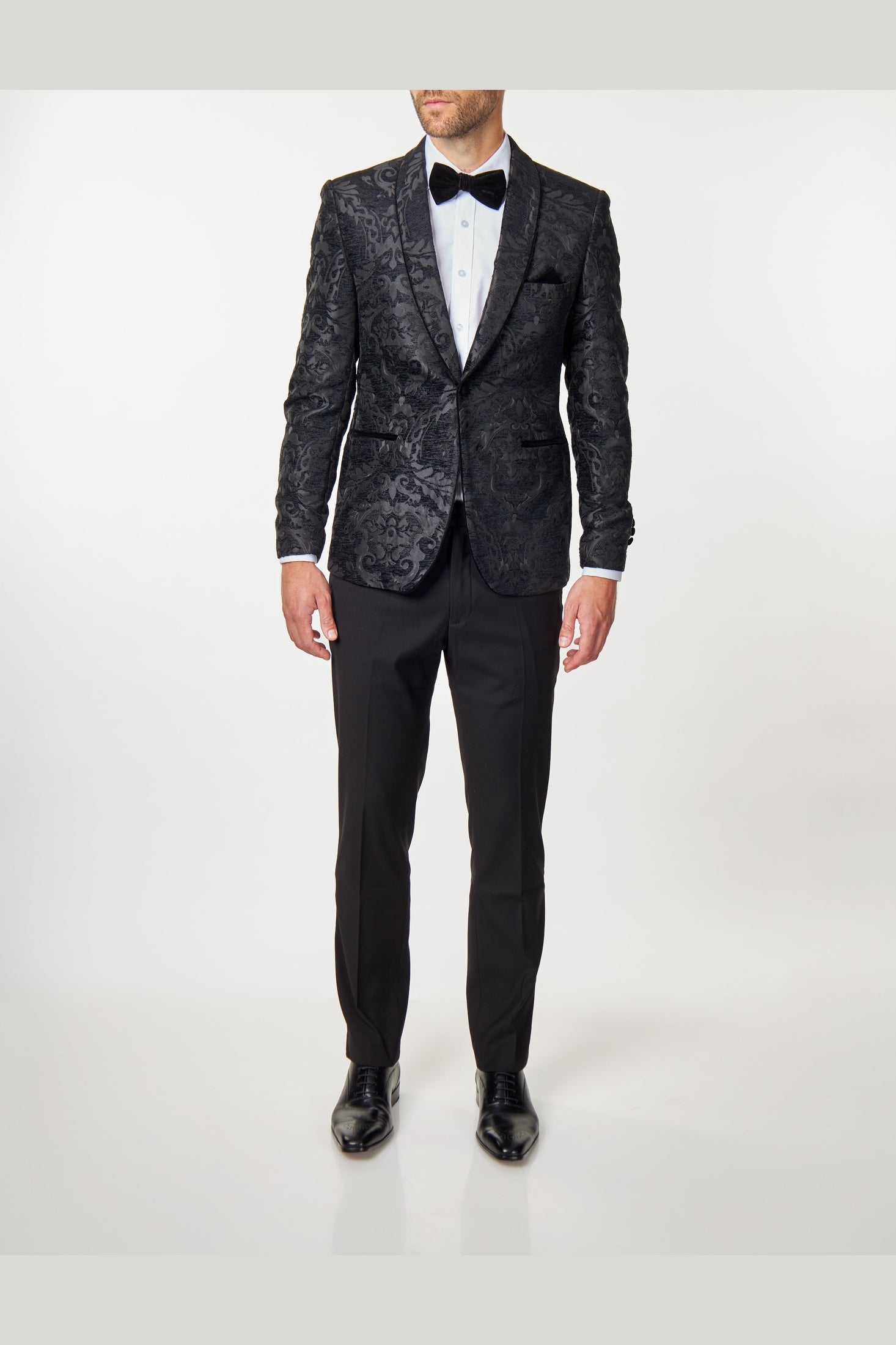 GLEN - Black Floral Foliage Jacquard Tuxedo Jacket