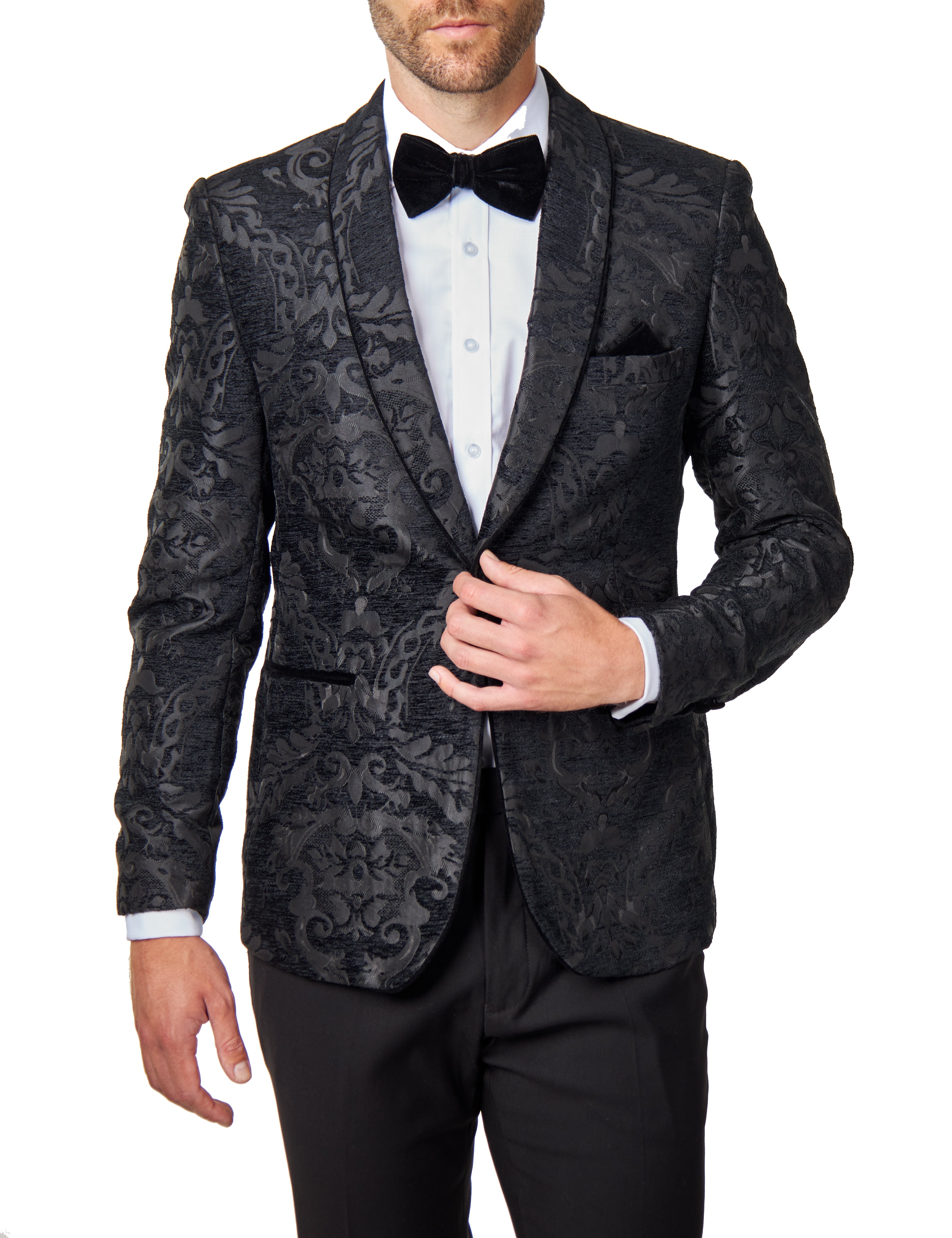 GLEN - Black Floral Foliage Jacquard Tuxedo Jacket