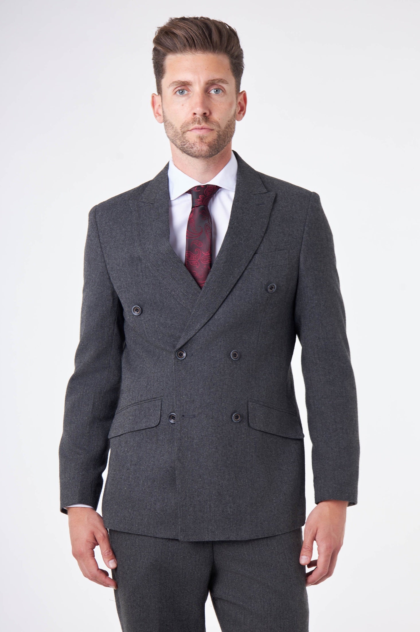 CALIX – Dark Grey Herringbone Tailored Double Breasted Blazer