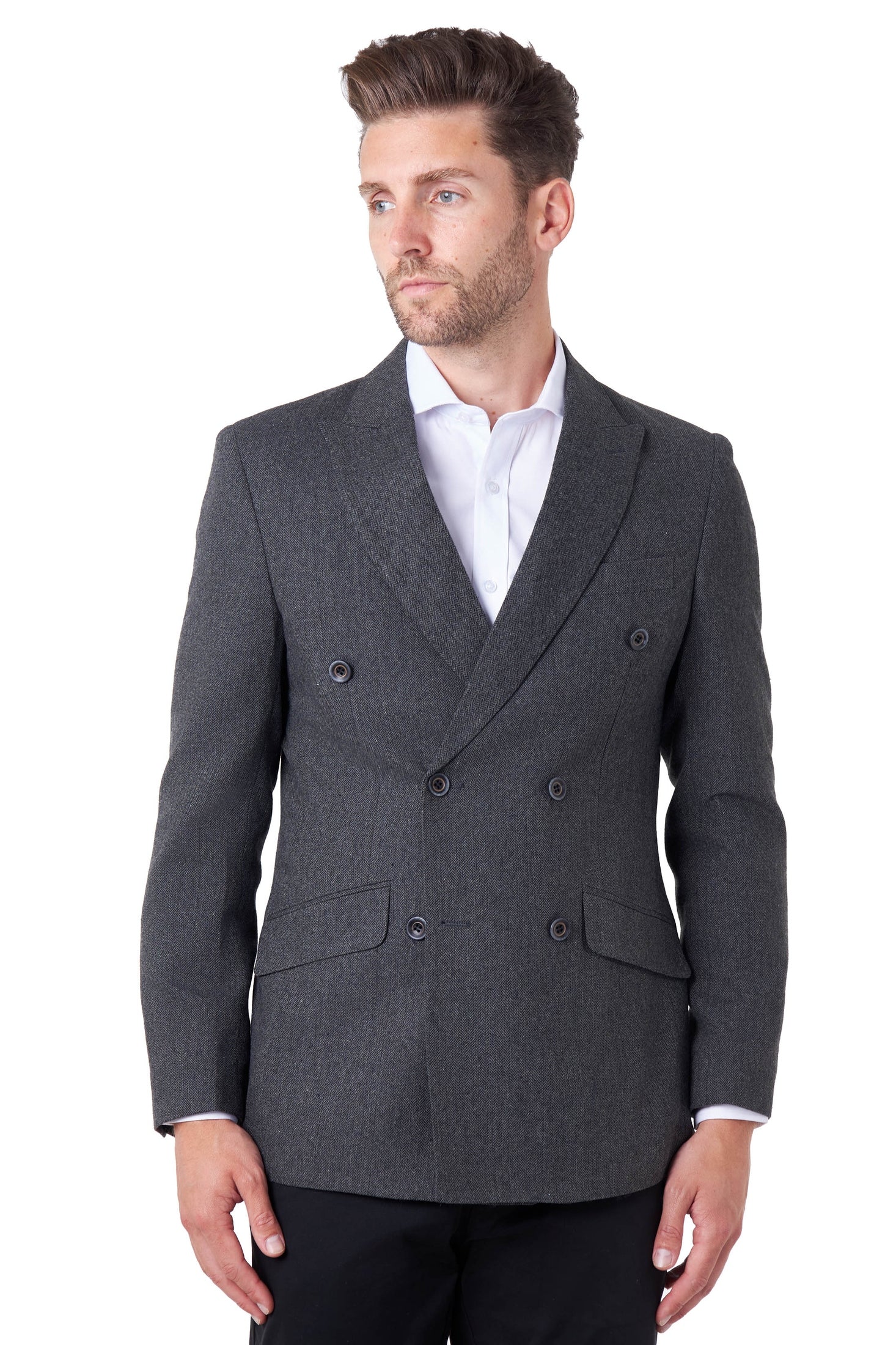 CALIX – Dark Grey Herringbone Tailored Double Breasted Blazer