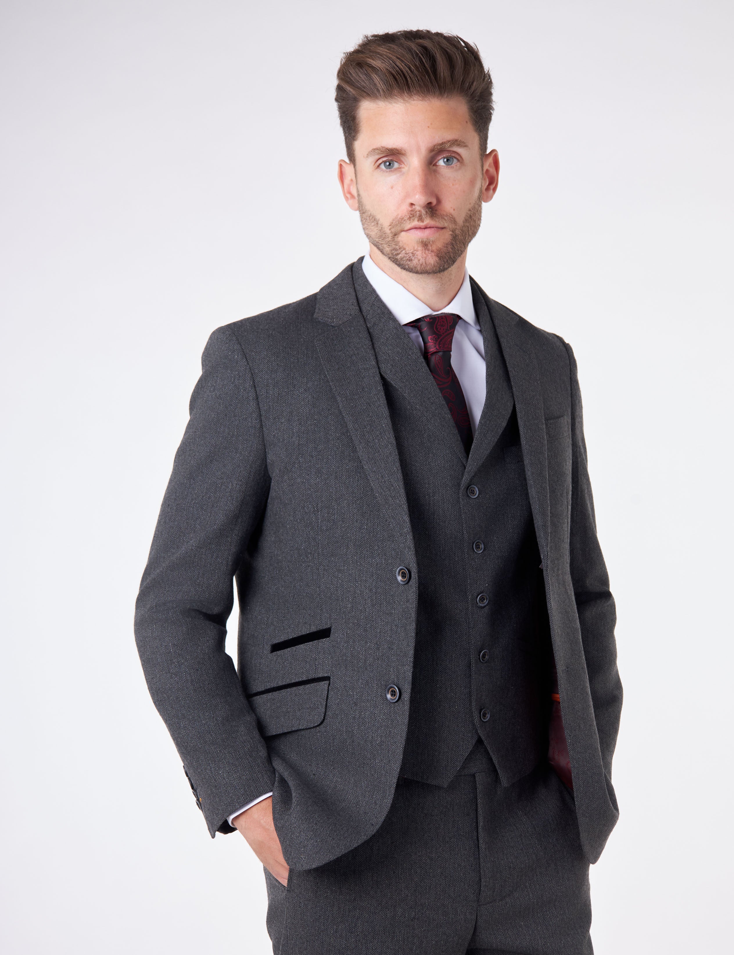 CALIX – Dark Grey Herringbone Tweed Tailored 3 Piece Suit