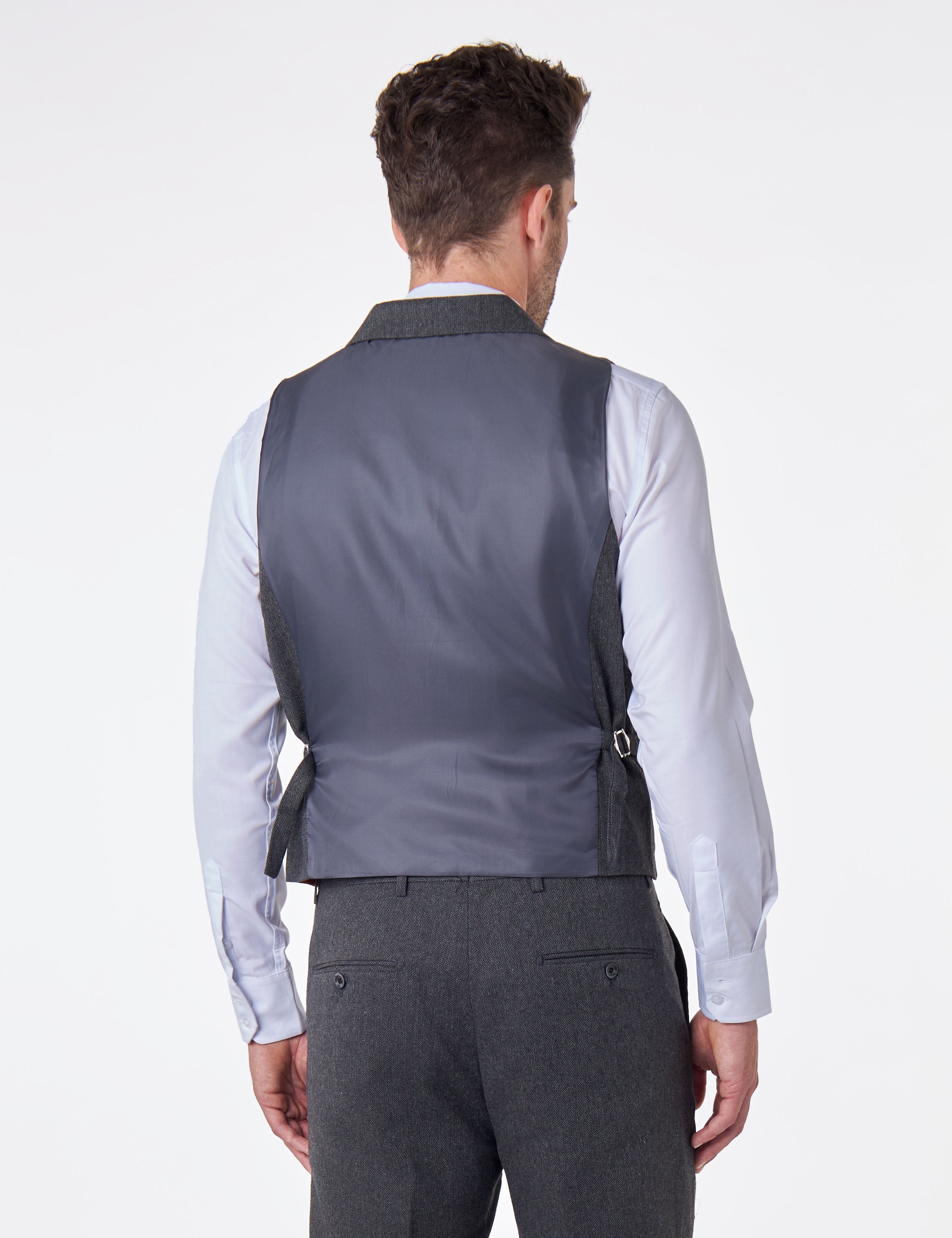 CALIX – Dark Grey Herringbone Tweed Tailored 3 Piece Suit