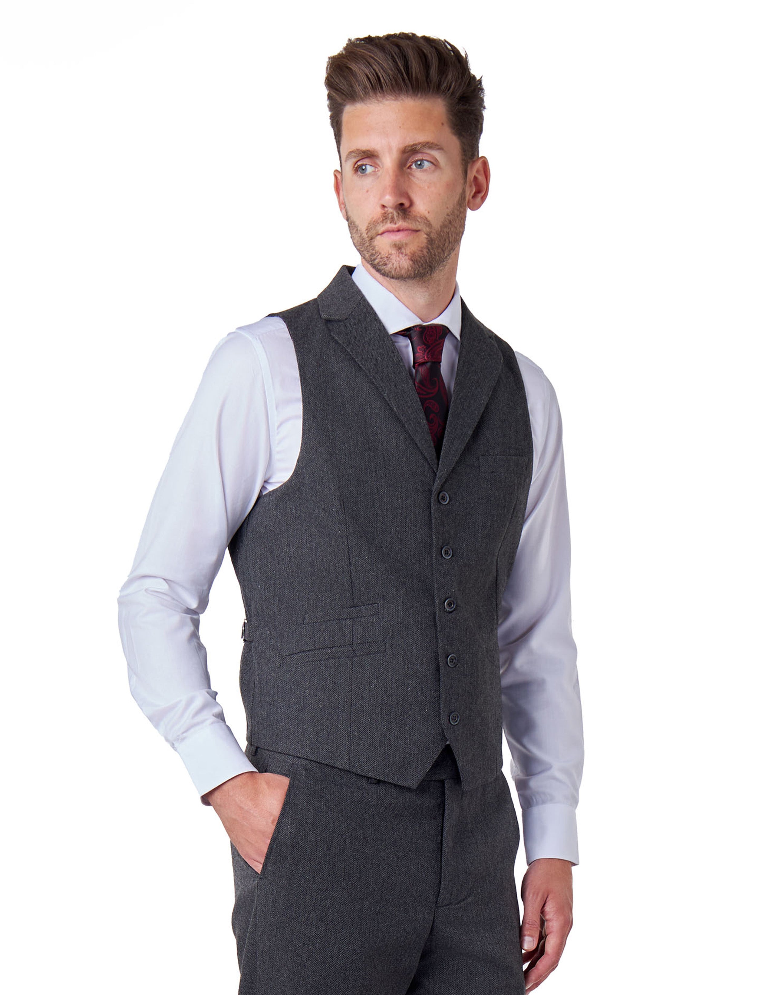 CALIX – Dark Grey Herringbone Tweed Tailored 3 Piece Suit