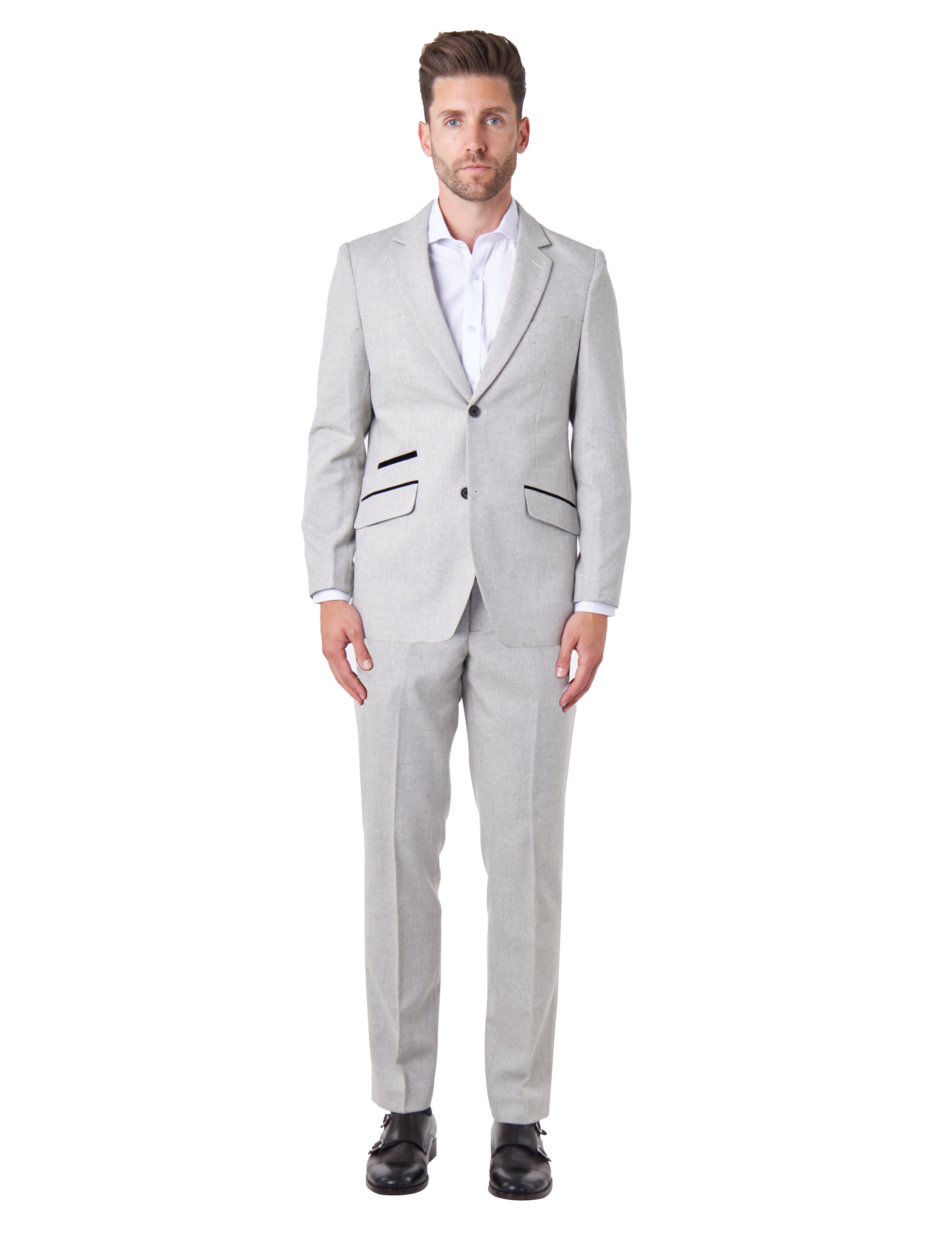 CALIX – Grey Wool Mix Herringbone Tailored 2 Piece Suit