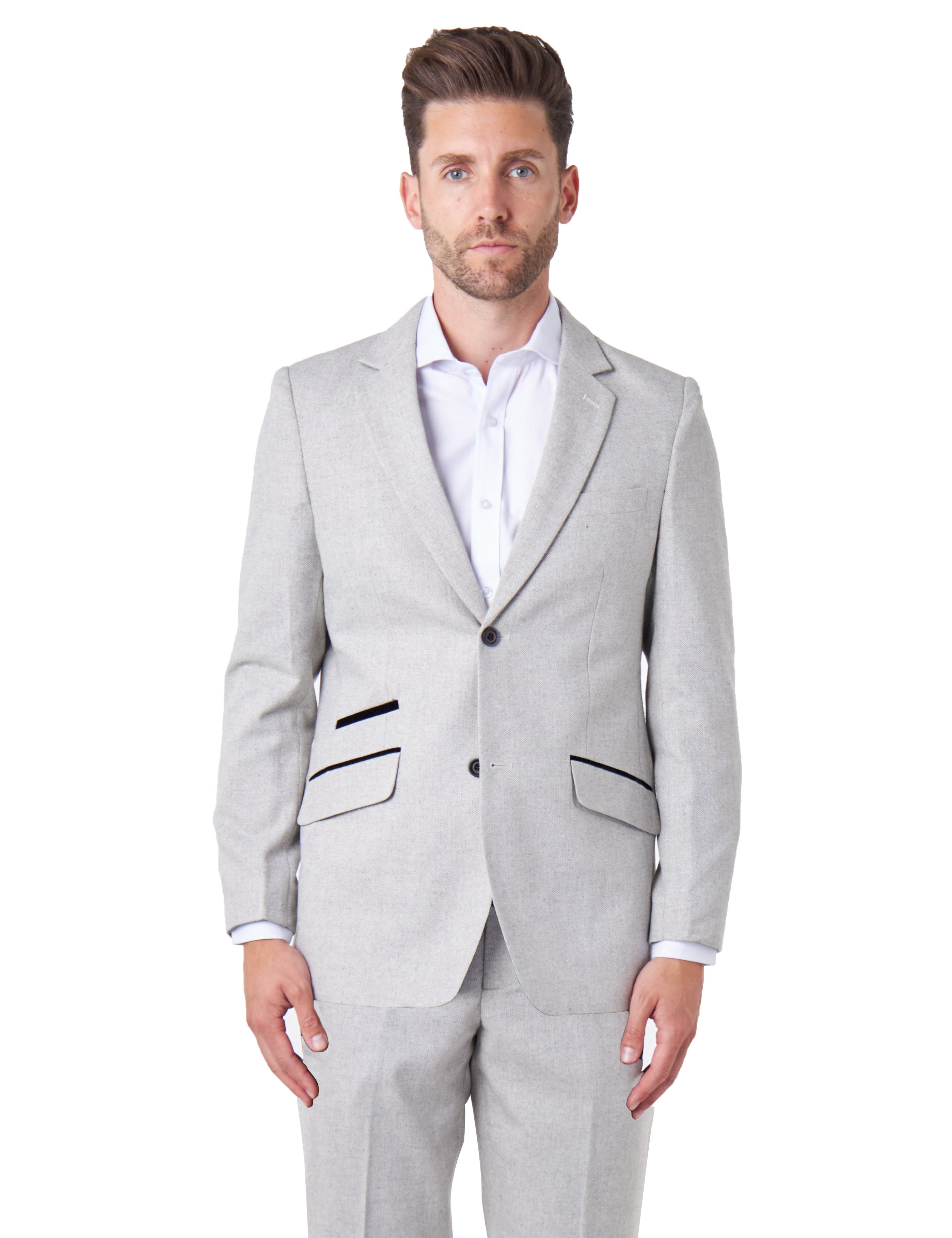 CALIX – Grey Wool Mix Herringbone Tailored 2 Piece Suit