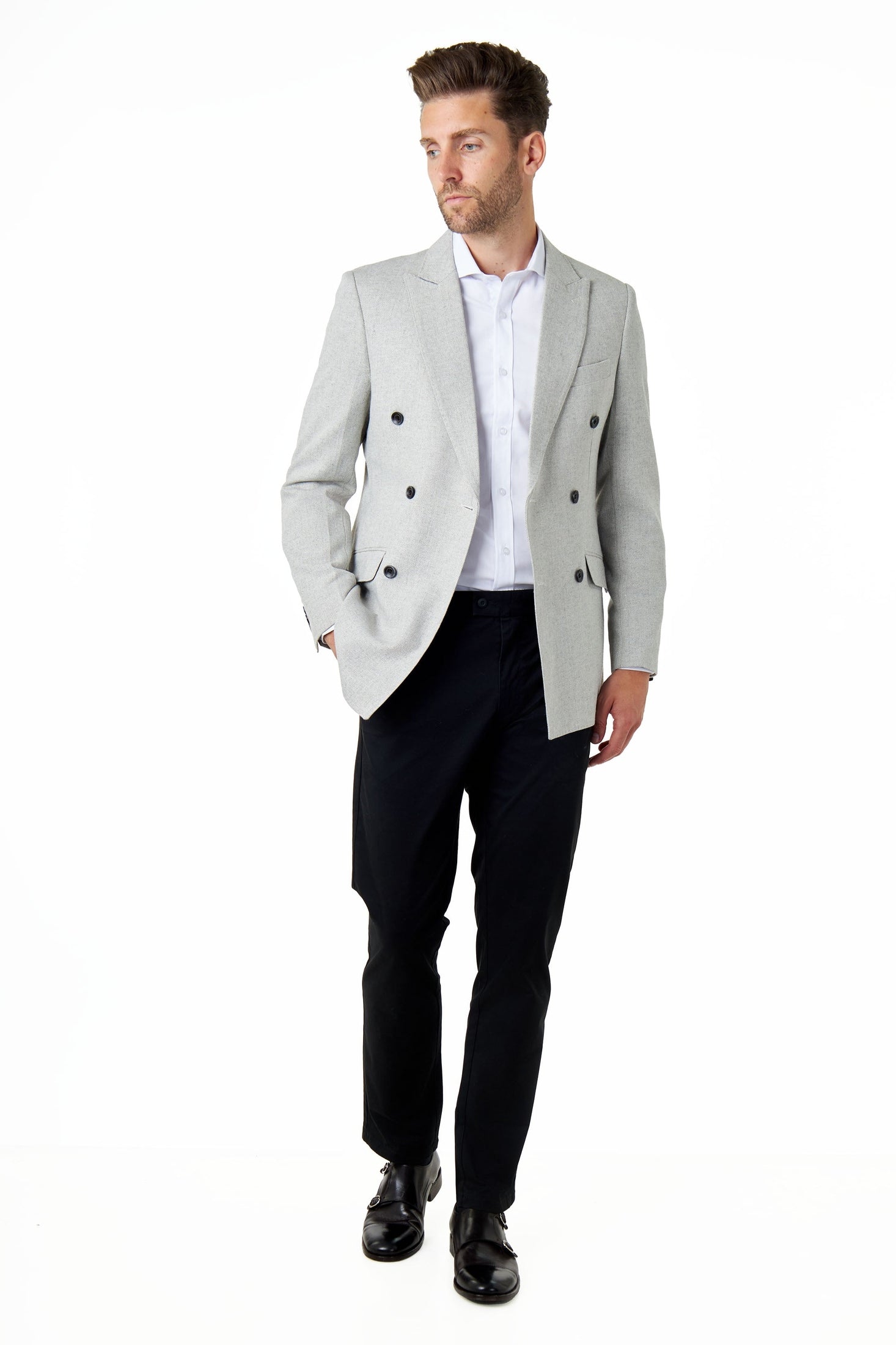 CALIX – Grey Herringbone Tailored Double Breasted Blazer