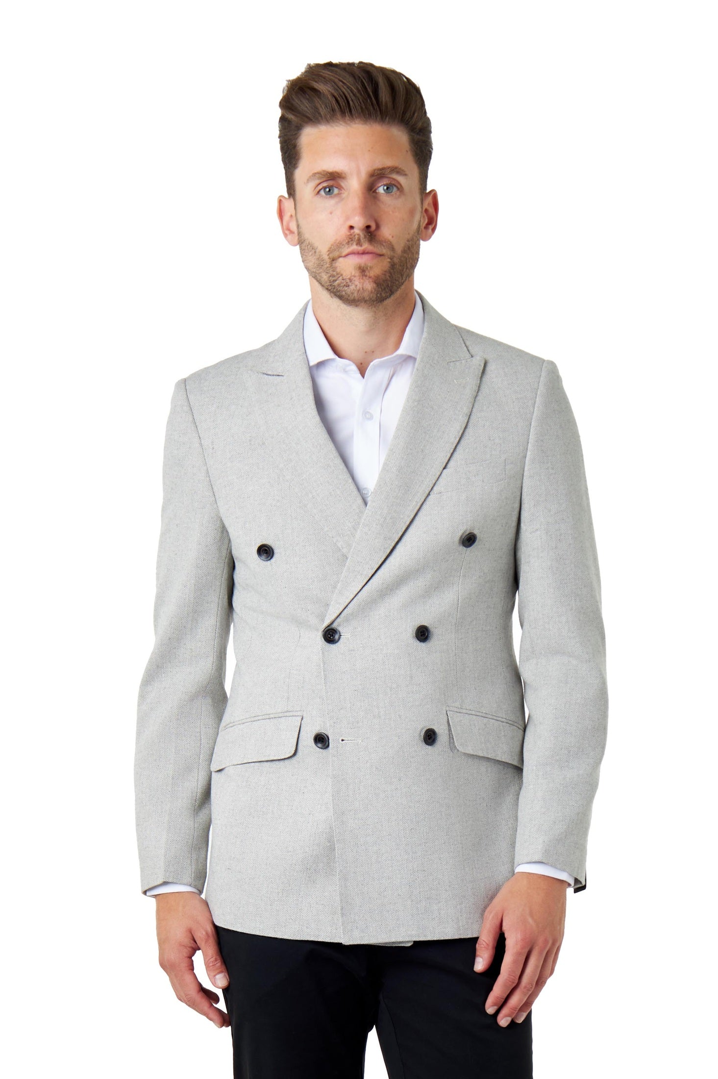 CALIX – Grey Herringbone Tailored Double Breasted Blazer