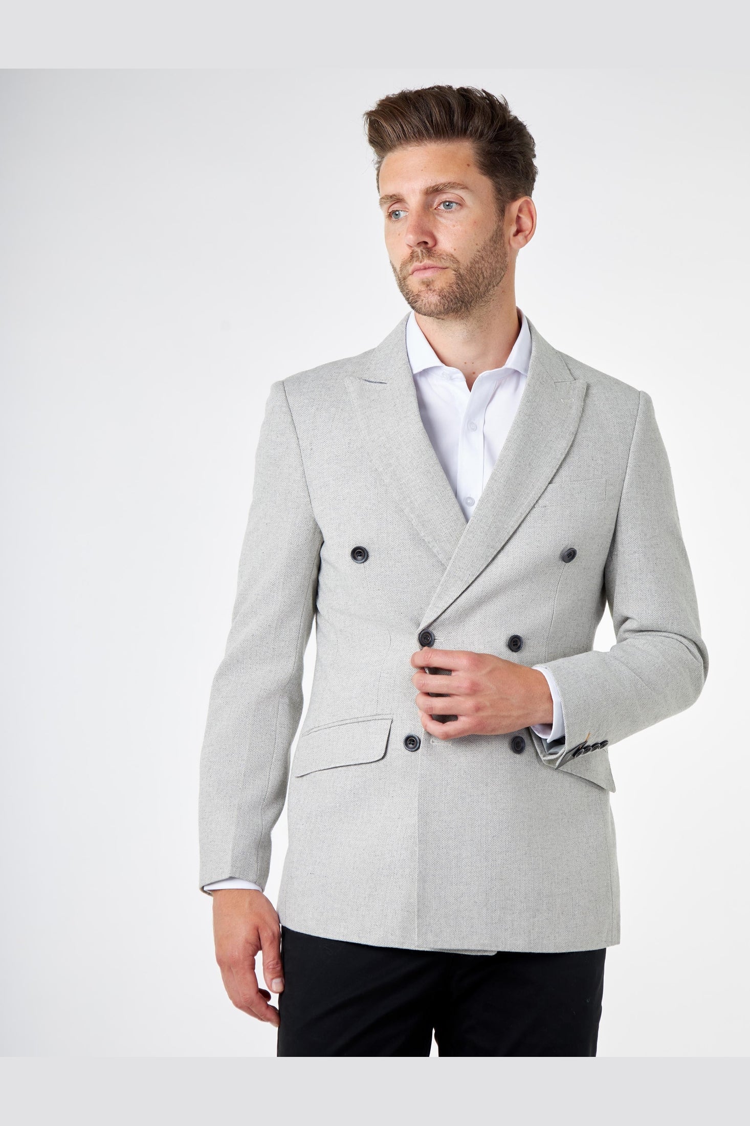 CALIX – Grey Herringbone Tailored Double Breasted Blazer