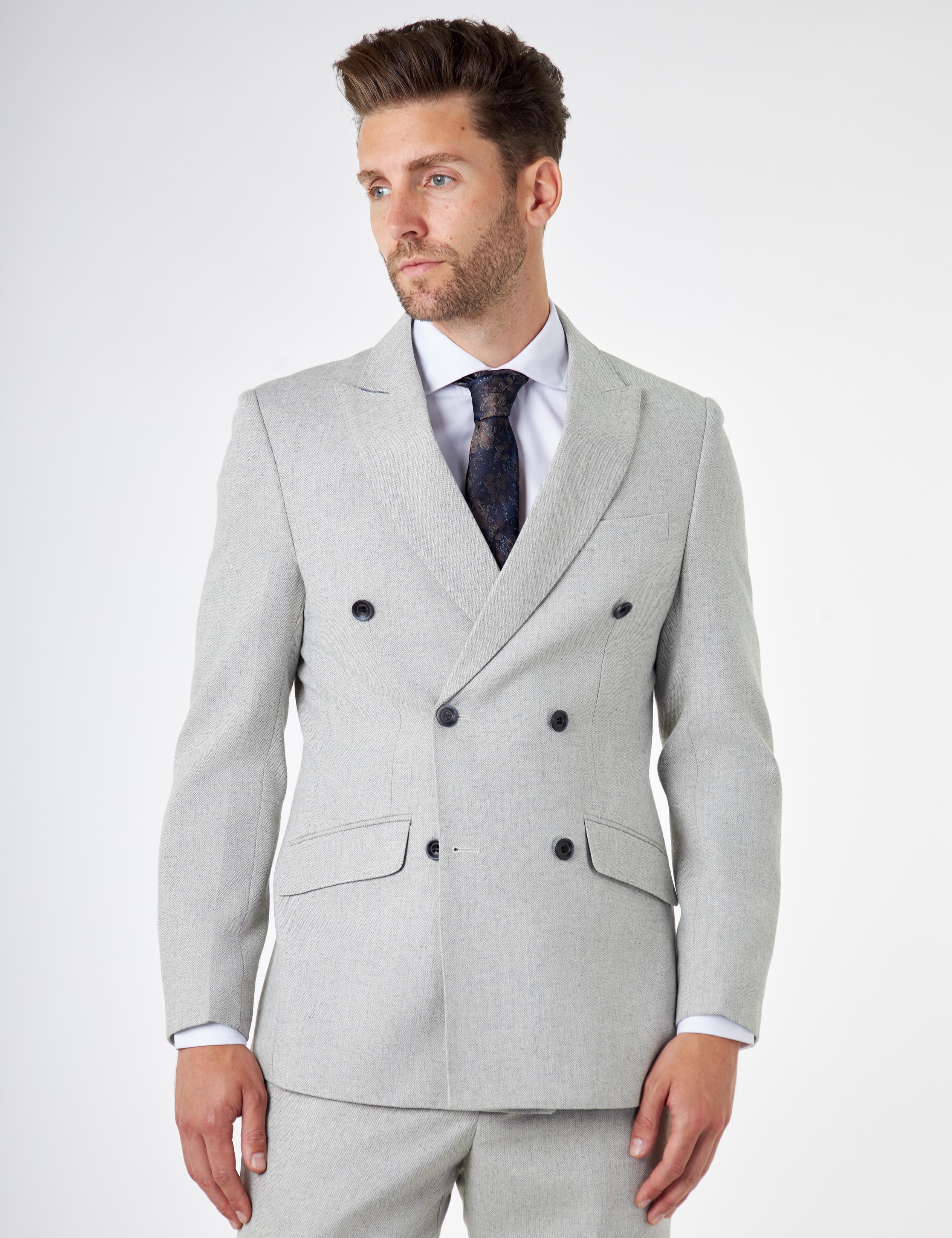 CALIX – Grey Herringbone Double Breasted Tailored Suit